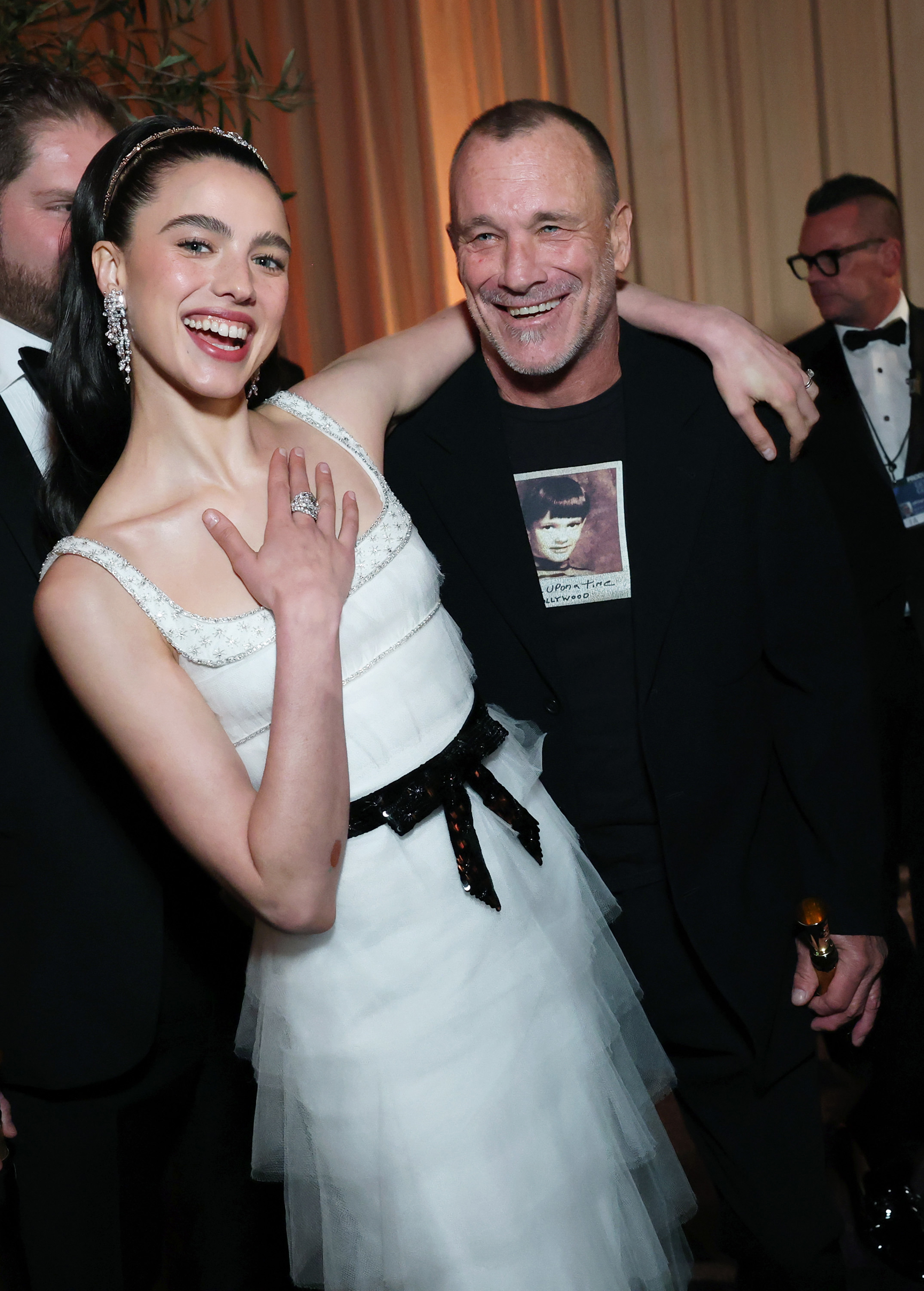 Margaret Qualley and father Paul J Qualley at the 82nd Annual Golden Globe Awards at The Beverly Hilton on January 5, 2025 in Beverly Hills, California