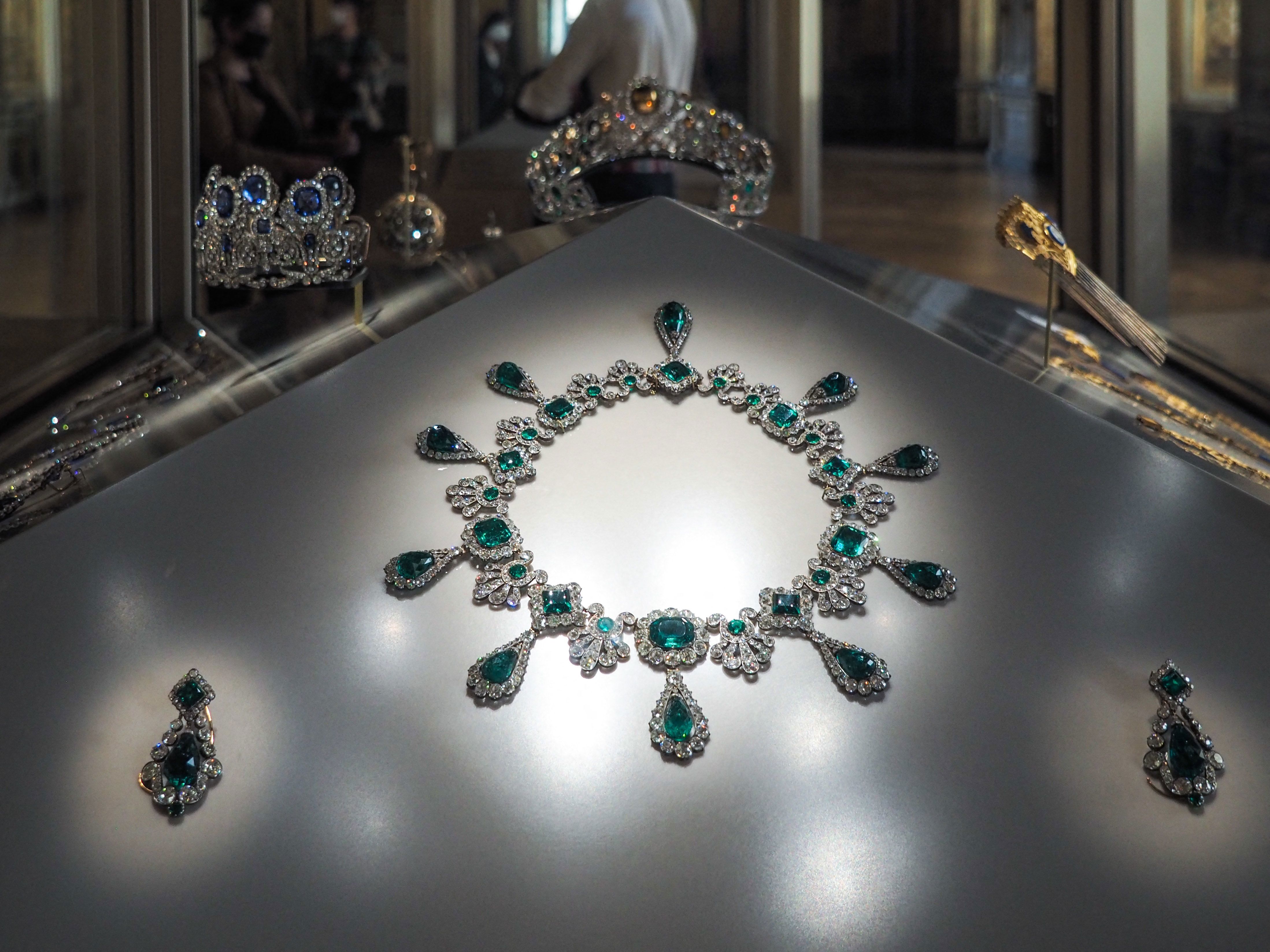 Necklace and earrings from the emerald set of Napoleon's second wife Empress Marie-Louise shown at the Louvre Museum on May 20, 2021.
