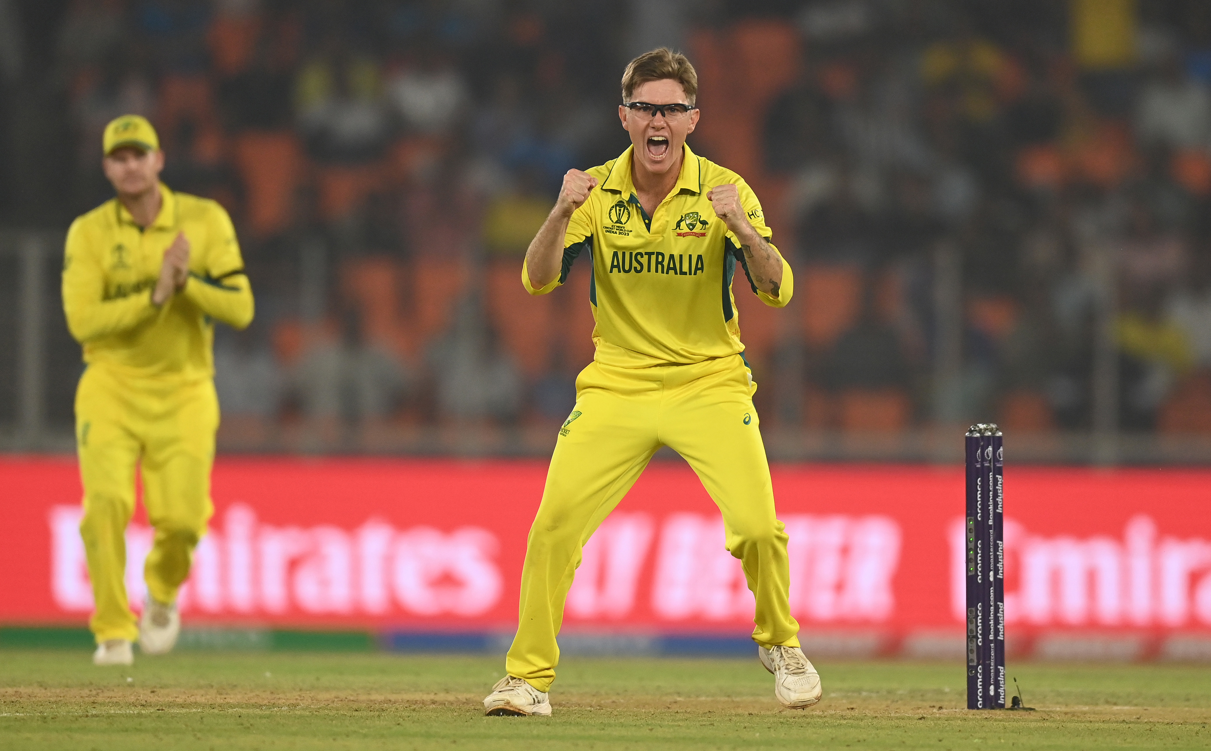 Adam Zampa celebrates a wicket during Australia's Cricket World Cup match against Australia.