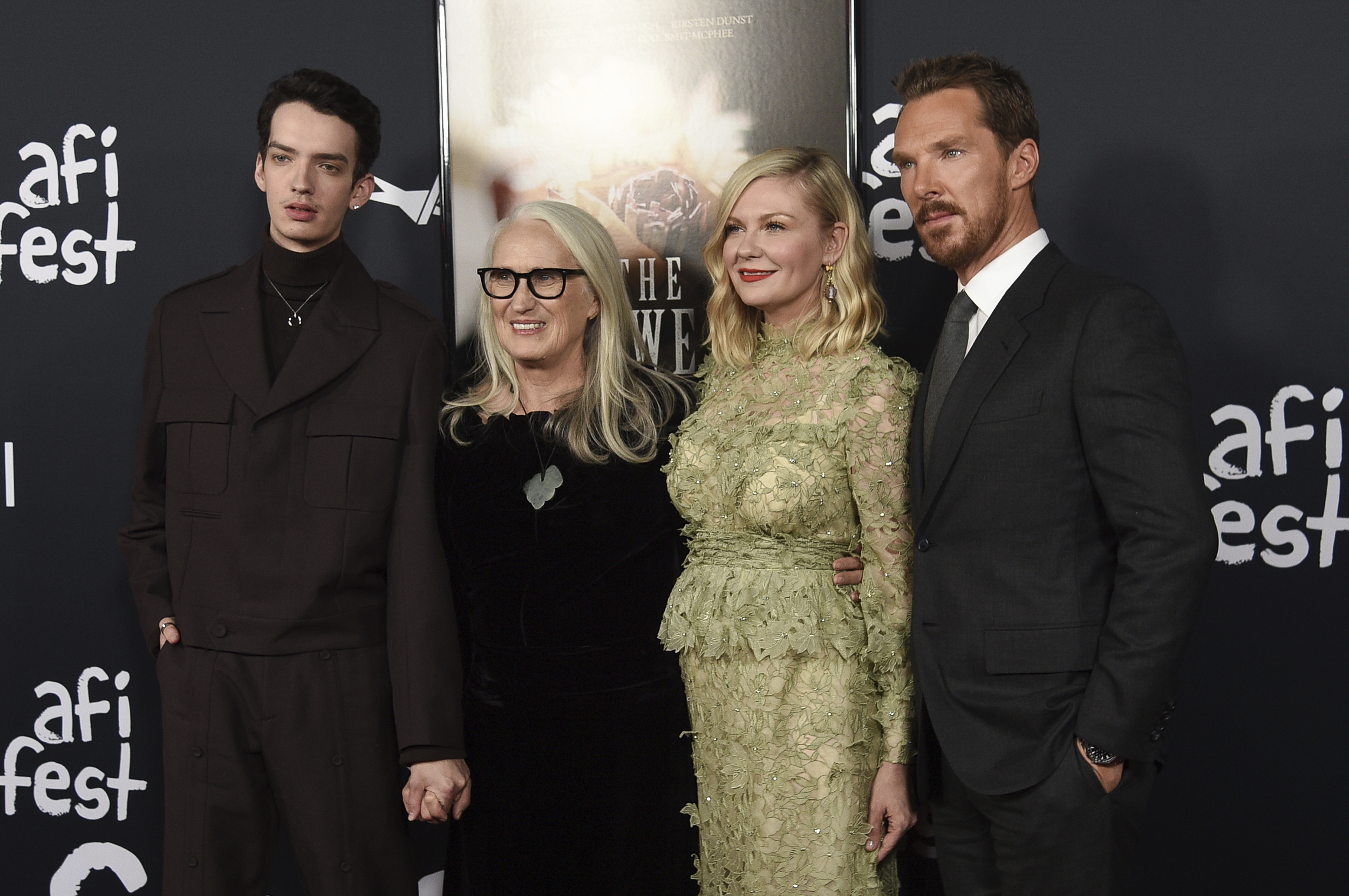 Kodi Smit-McPhee, Jane Campion, Kirsten Dunst and Benedict Cumberbatch, from left, arrive at "The Power of the Dog" during the American Film Institute festival Thursday, Nov. 11, 2021