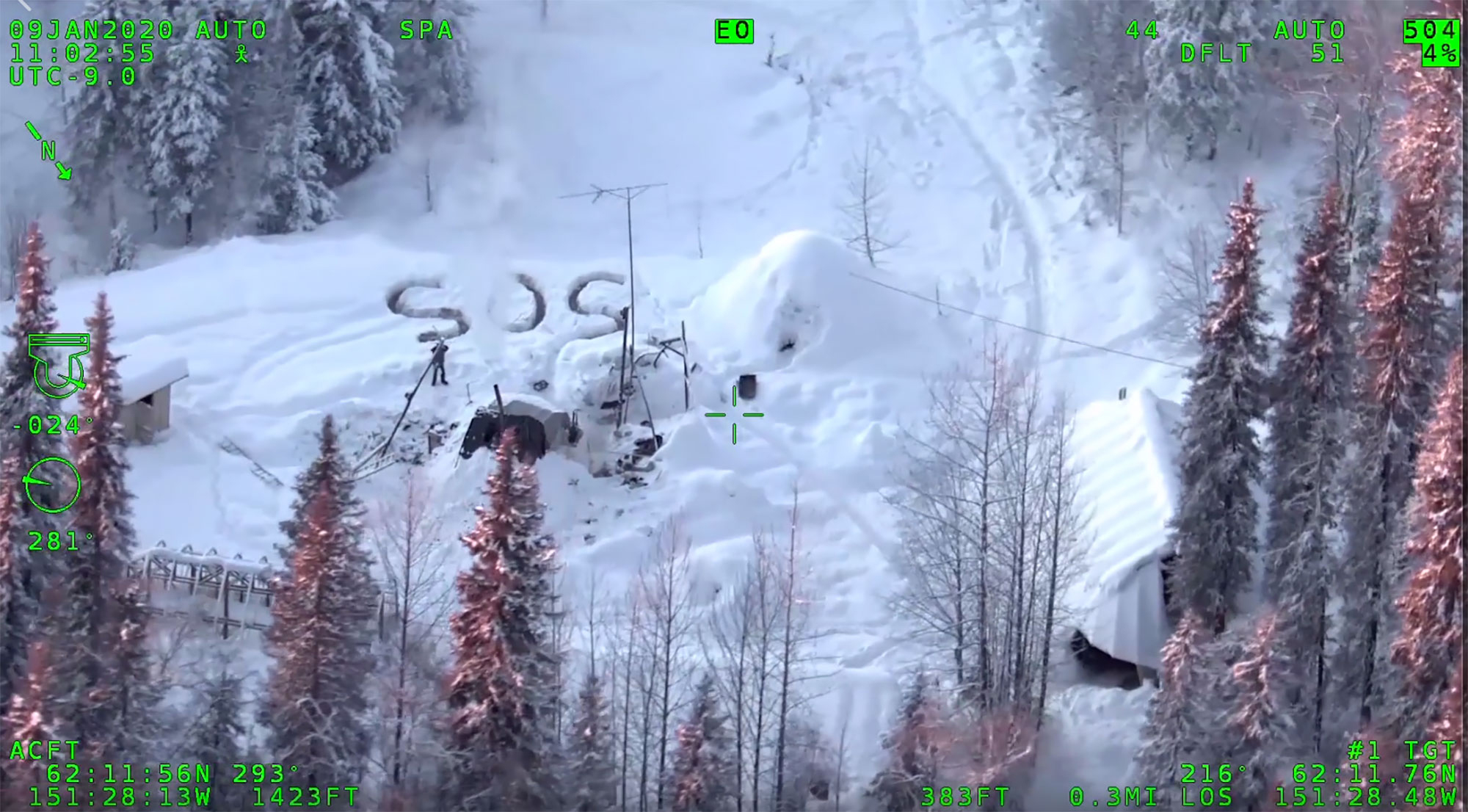 Helo 3 pilot Cliff Gilliland and Tactical Flight Officer Zac Johnson located Tyson Steele waving his arms near a makeshift shelter. An SOS signal was stamped in the snow outside. 