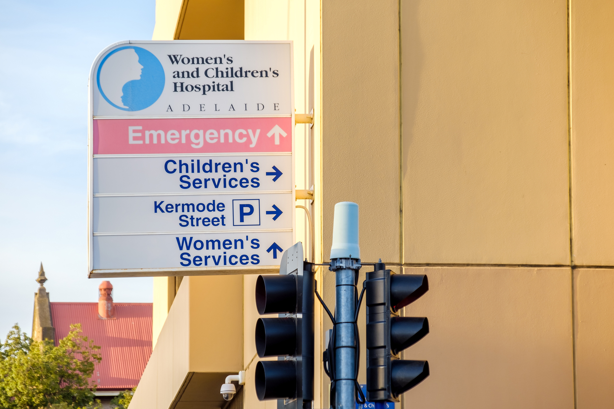 North Adelaide, South Australia - September 7, 2020: Women's and Children's Hospital sign viewed across Kermode street on a day