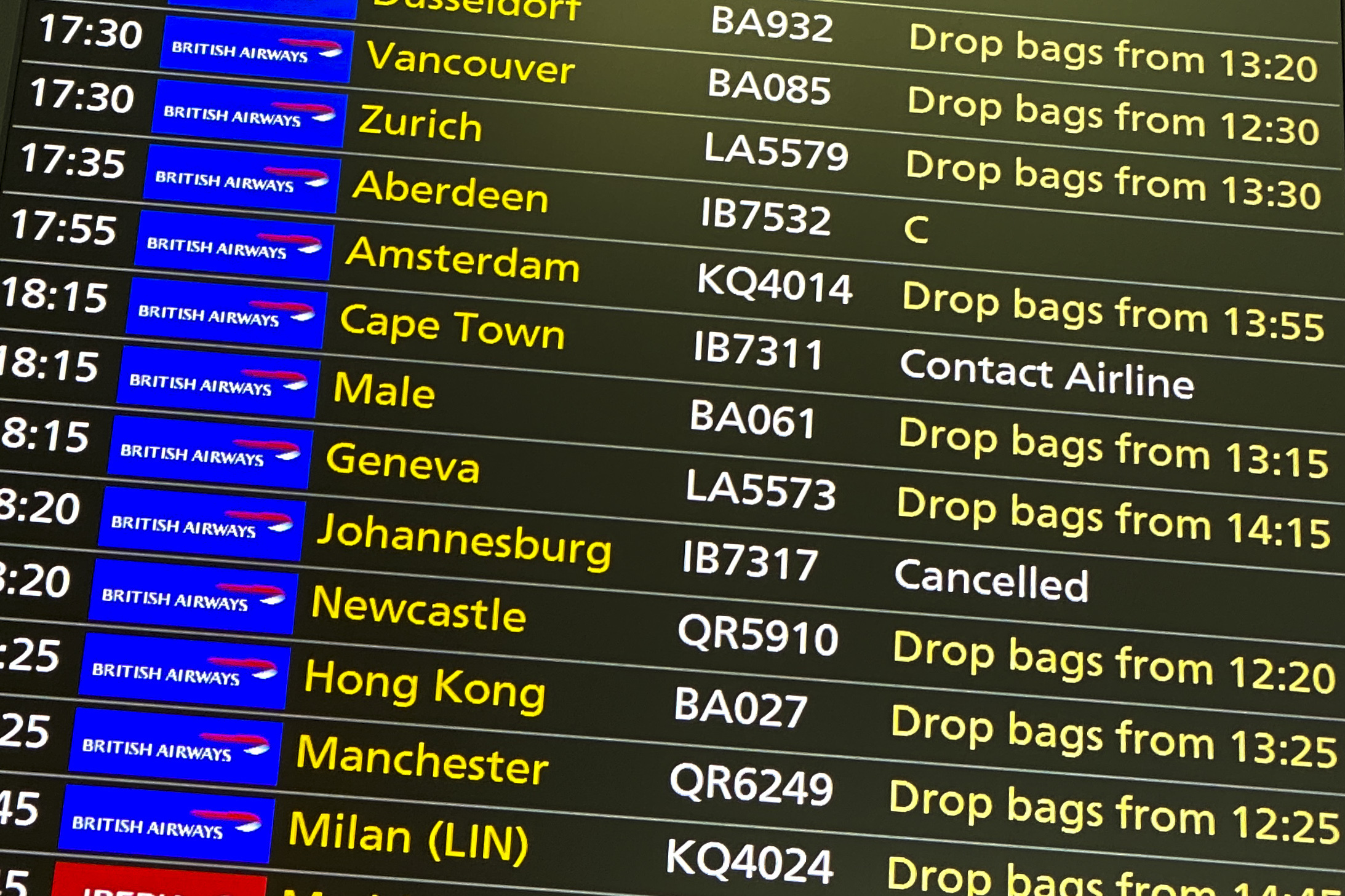 Cancelled flights to Johannesburg and Cape Town at Heathrow Airport