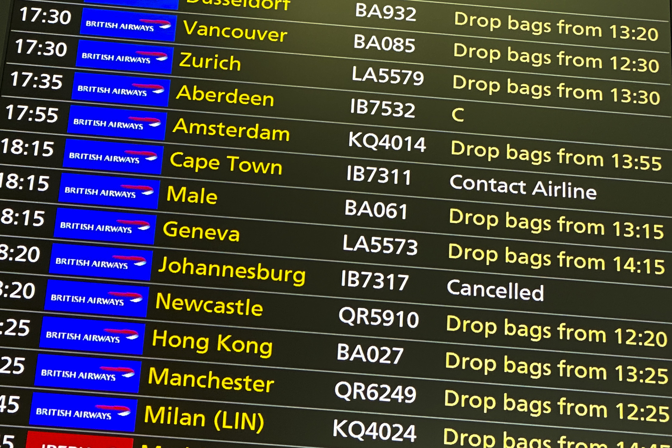 Cancelled flights to Johannesburg and Cape Town at Heathrow Airport