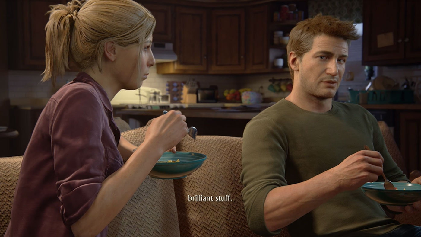 Nathan Drake and Elena eating pasta during an Uncharted 4: A Thief's End cutscene. 