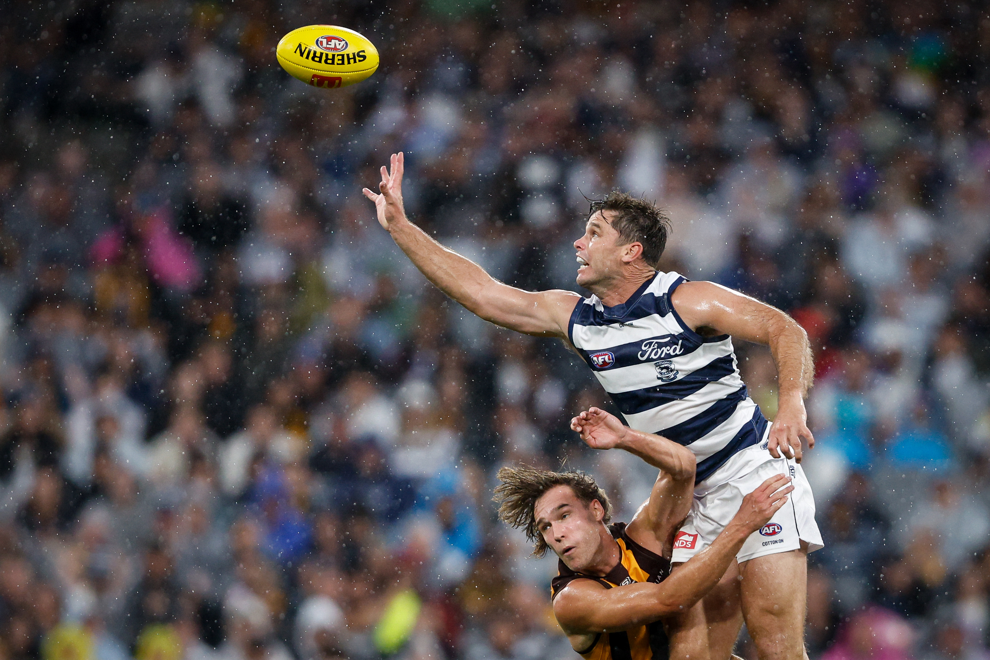 Tom Hawkins and Jack Scrimshaw compete for the ball before their match was suspended due to lightning.