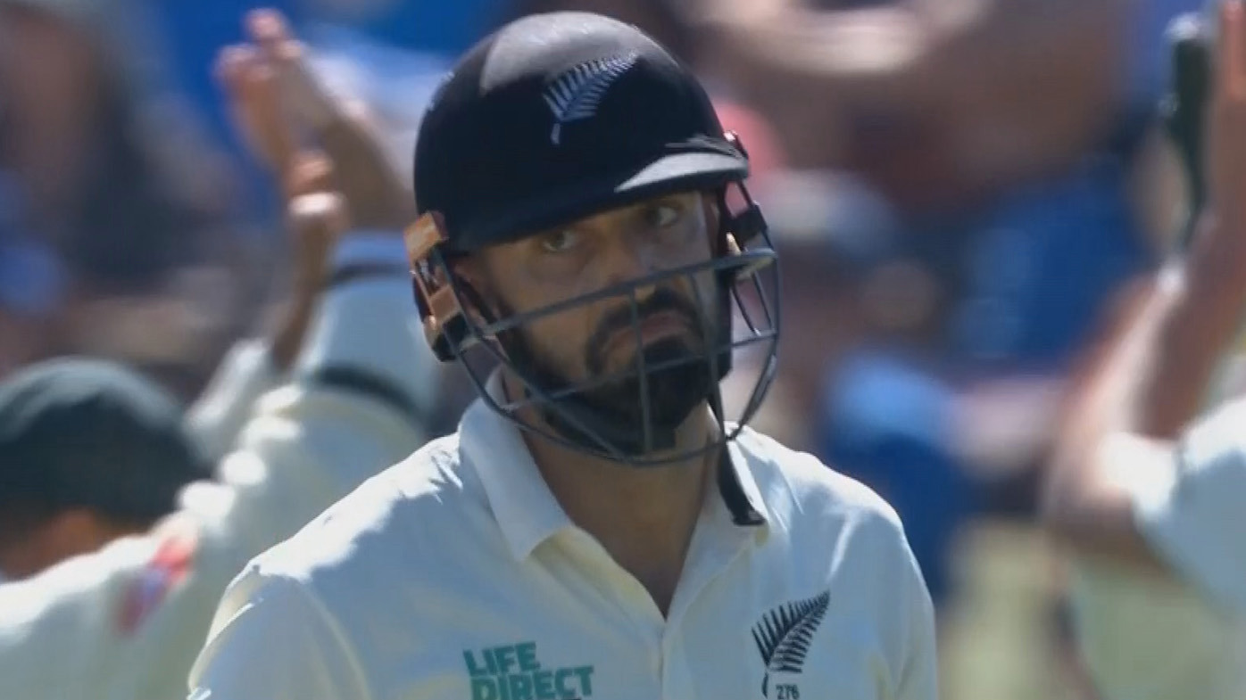 New Zealand batter Daryl Mitchell reacts after he was caught behind off the bowling of Josh Hazlewood on day three of the second Test against Australia in Christchurch.