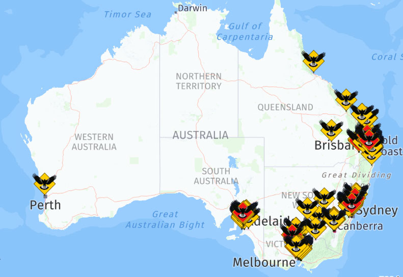 A map showing the locations of magpie attacks reported in Australia so far this year.