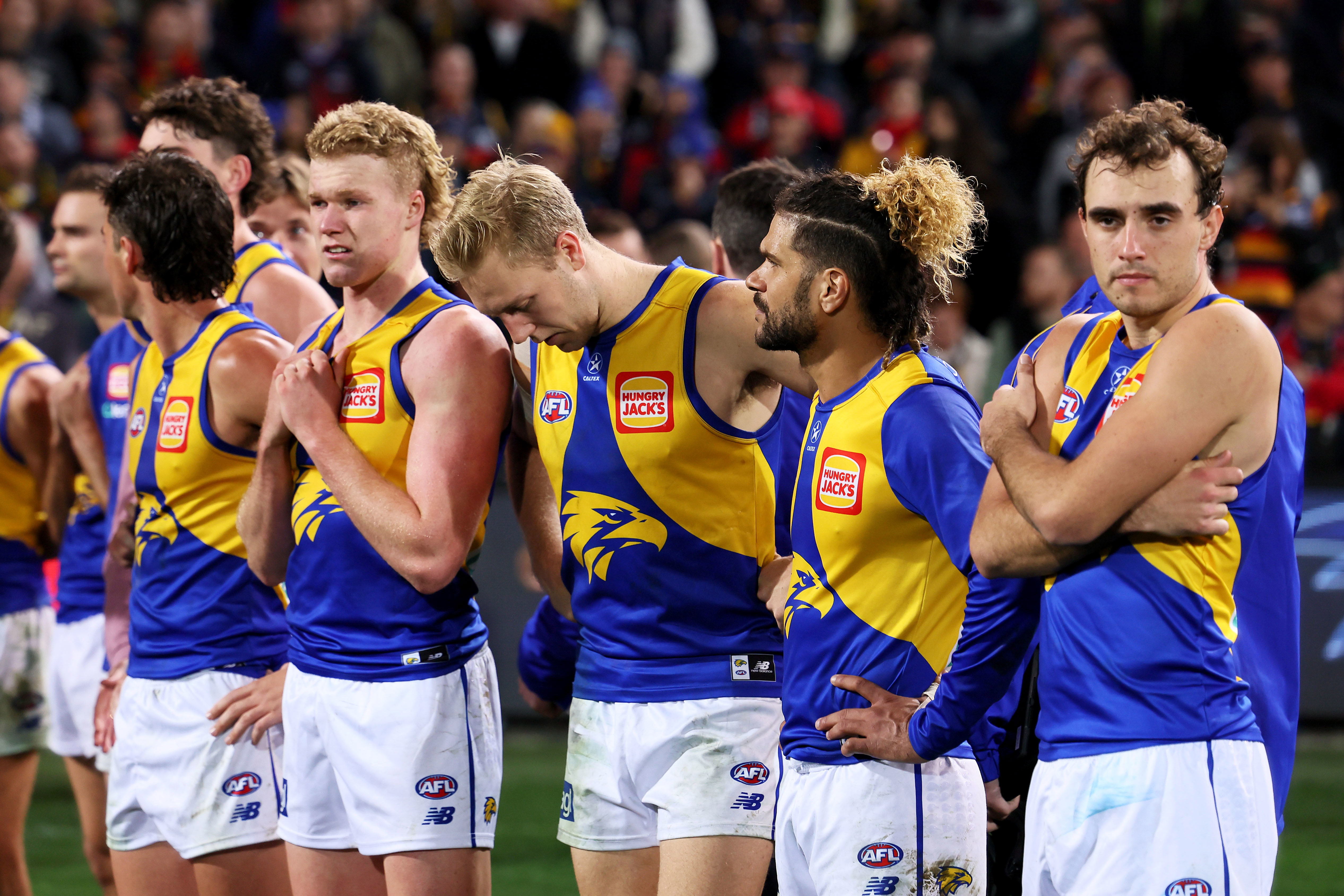 ADELAIDE, AUSTRALIA - JUNE 10: The Eagles after their loss during the 2023 AFL Round 13 match between the Adelaide Crows and the West Coast Eagles at Adelaide Oval on June 10, 2023 in Adelaide, Australia. (Photo by James Elsby/AFL Photos via Getty Images)