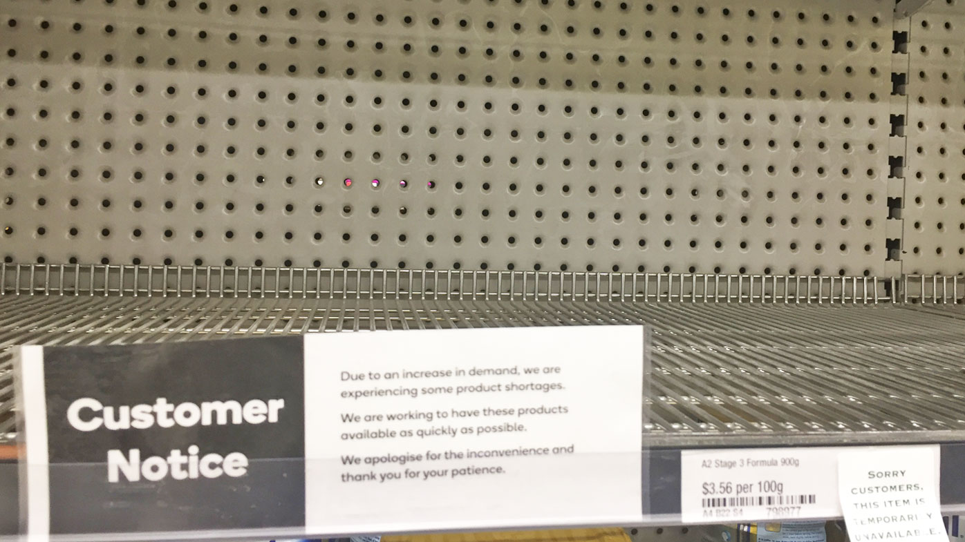 An empty shelf of a2 Premium Toddler Milk at the Woolworths store in Thornleigh, Sydney this week. 