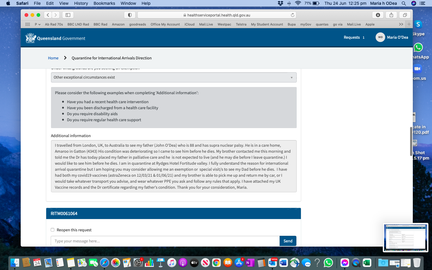 Maria O'Dea shared screenshots of her application for an exemption.
