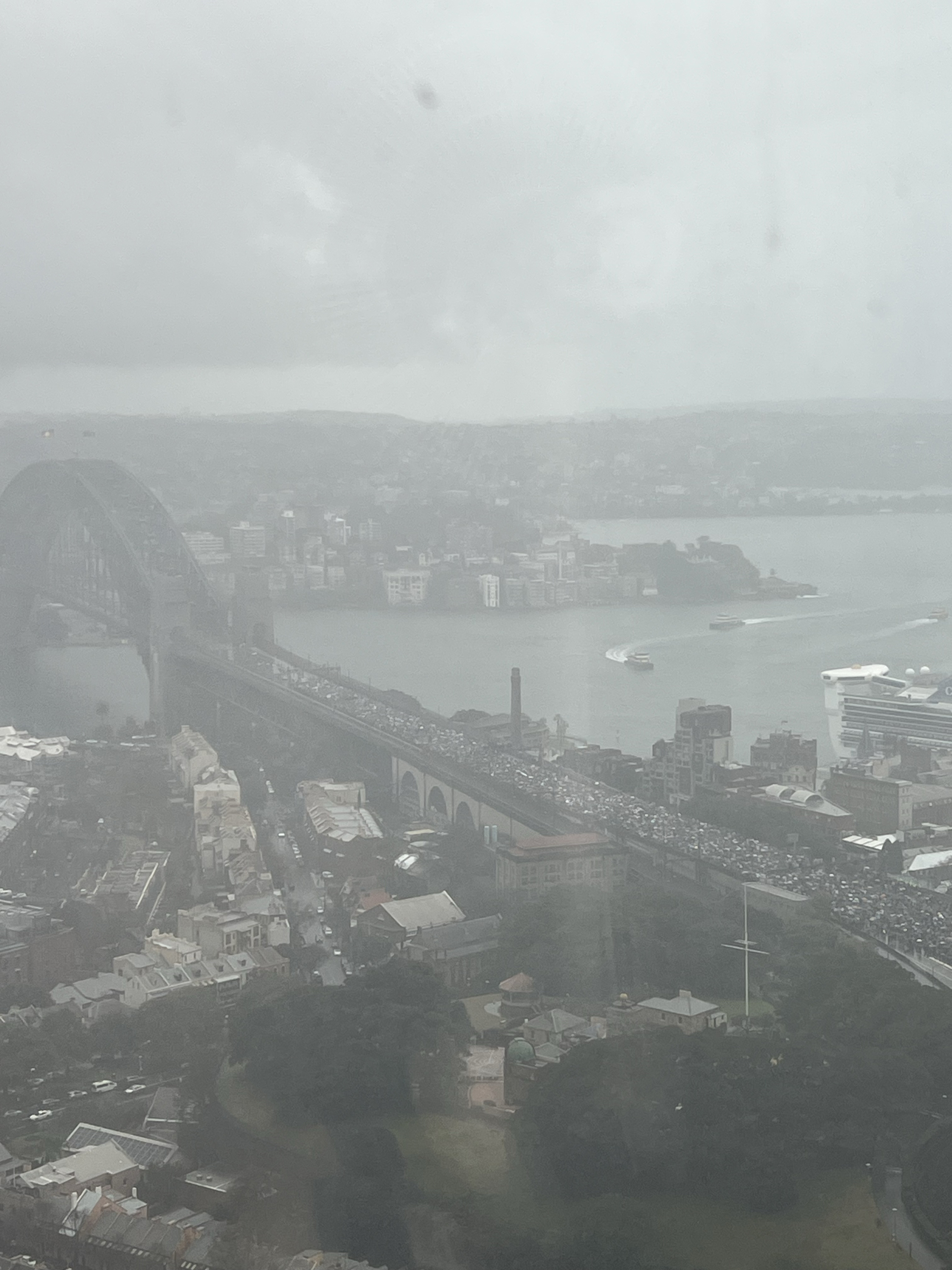 Protesters against the war in Gaza march across the Sydney Harbour Bridge. Photo Supplied, shot from Crown tower. August 3, 2025.