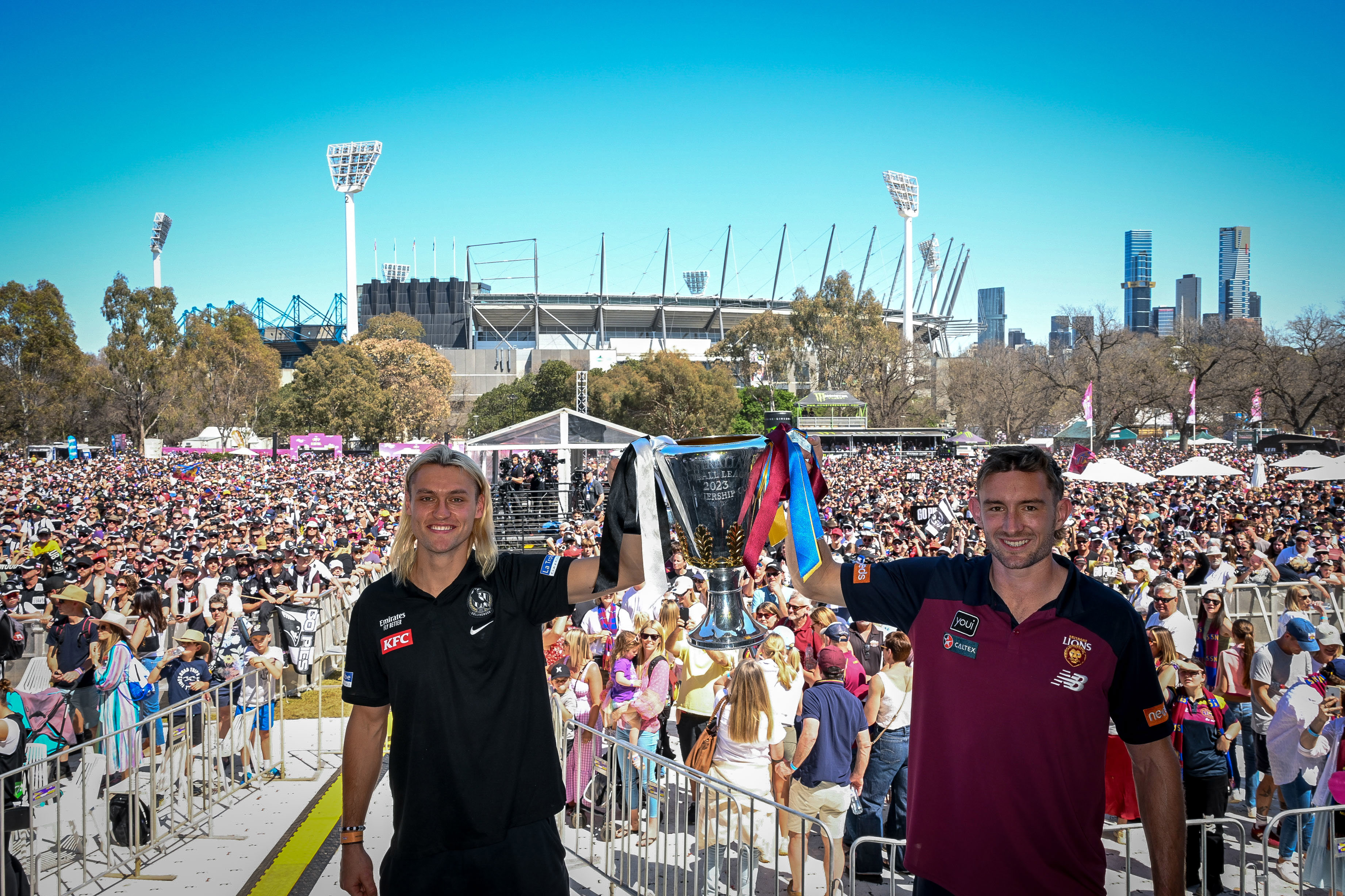 Magpies captain Darcy Moore and Lions captain Harris Andrews. 2023 AFL Grand Final parade. 29 September 2023. Photo: Eddie Jim.