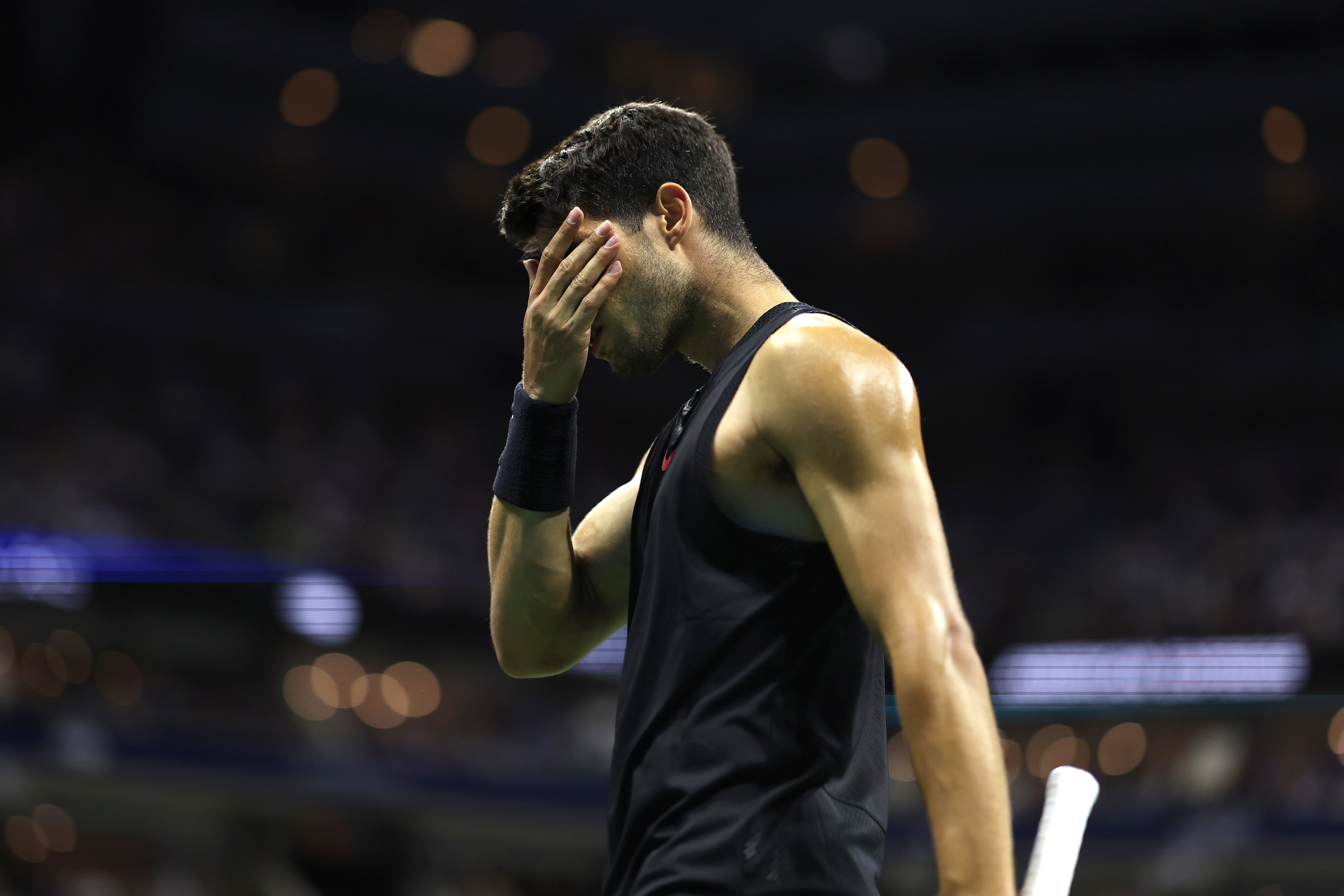 Carlos Alcaraz of Spain reacts after a point against Botic van de Zandschulp of the Netherlands.