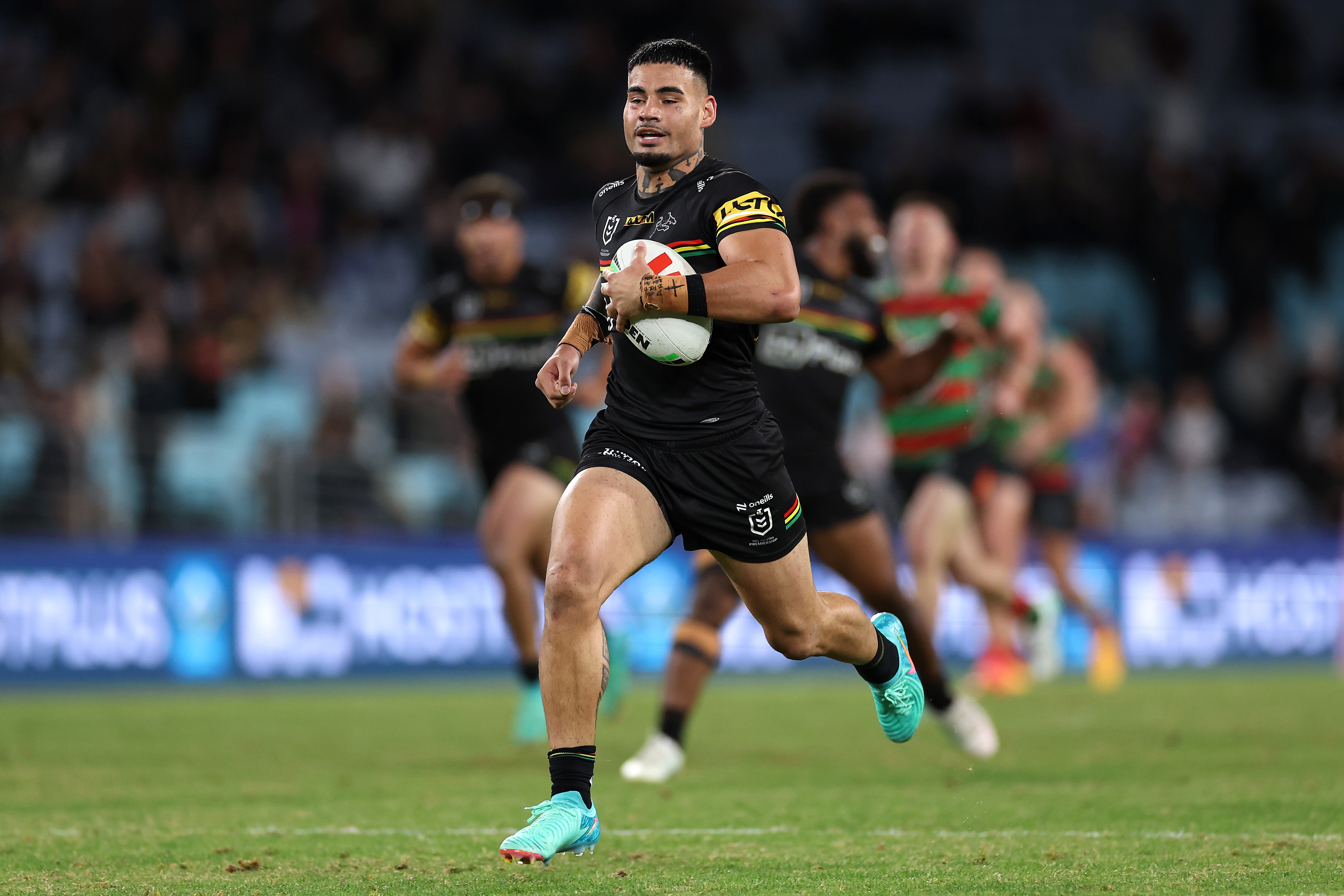 SYDNEY, AUSTRALIA - MAY 02: Taylan May of the Panthers makes a break to score a try during the round nine NRL match between South Sydney Rabbitohs and Penrith Panthers at Accor Stadium on May 02, 2024, in Sydney, Australia. (Photo by Cameron Spencer/Getty Images)