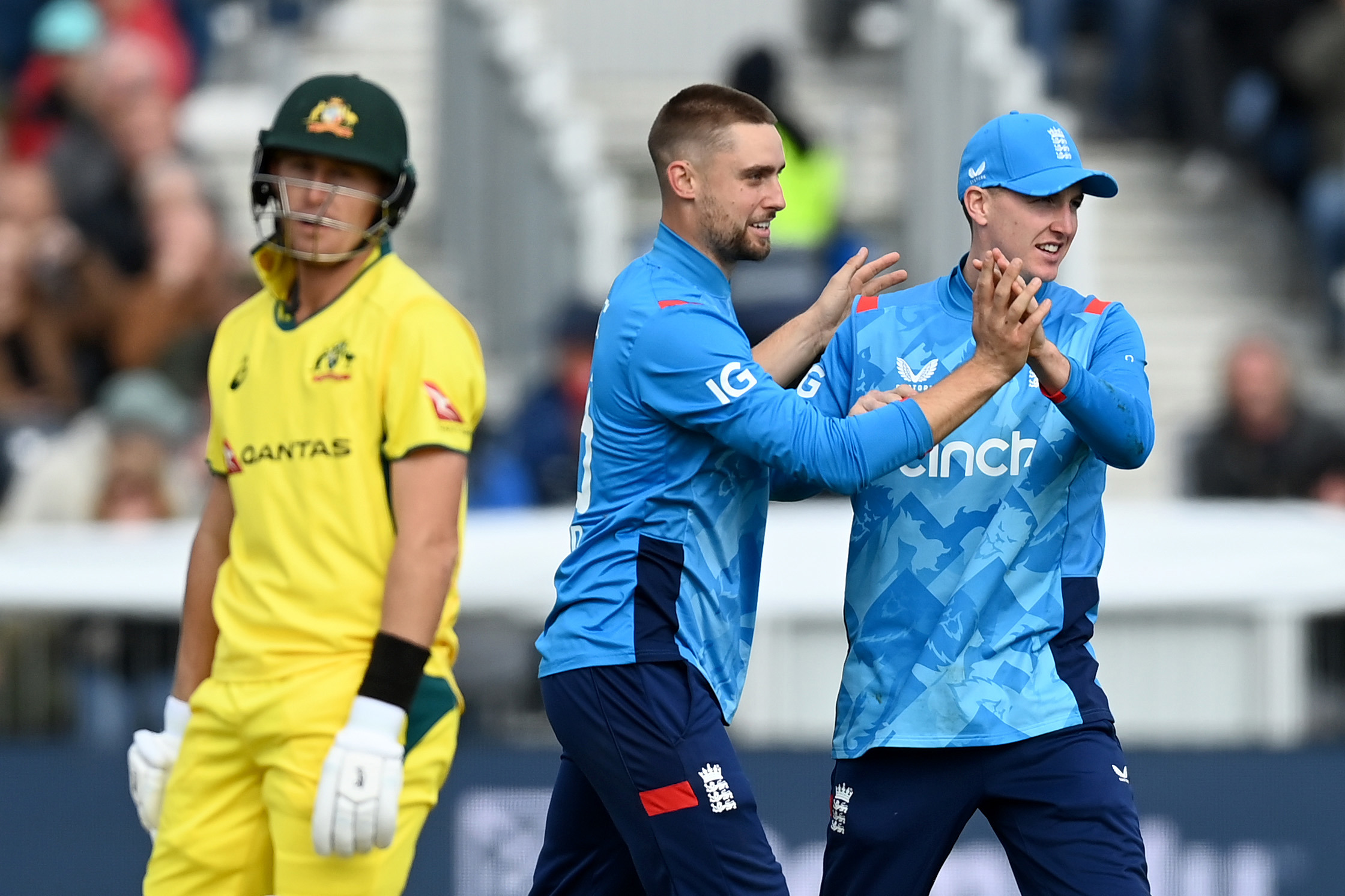 Will Jacks of England (middle) celebrates with Harry Brook after dismissing Marnus Labuschagne of Australia.