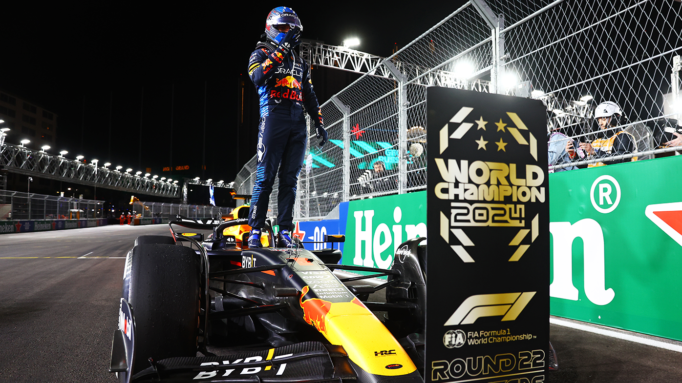 Max Verstappen celebrates in parc ferme after the running of the Las Vegas Grand Prix.