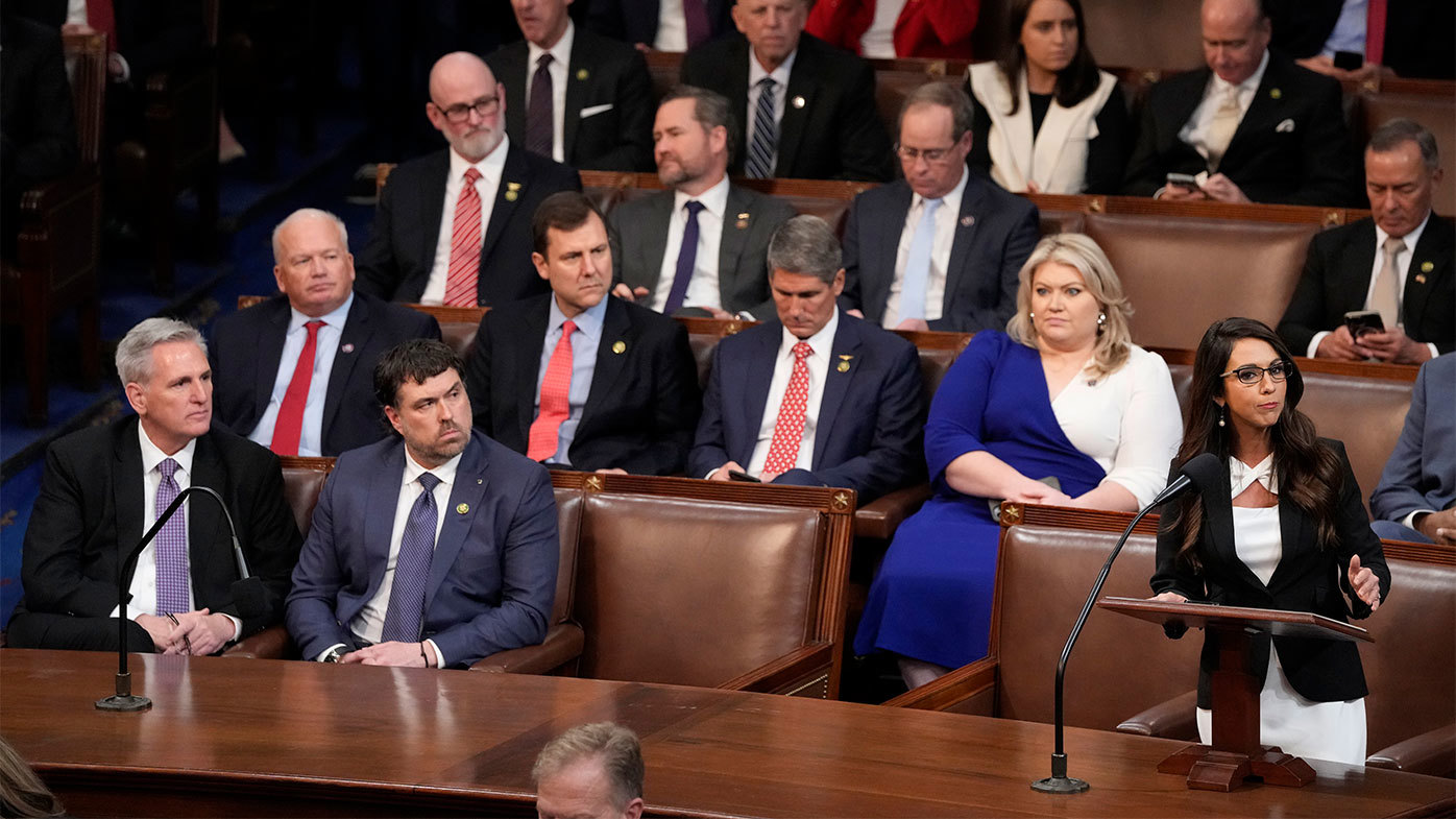 Kevin McCarthy and other Republicans listen as Lauren Boebert (far-right) nominates a conservative challenger to be speaker.