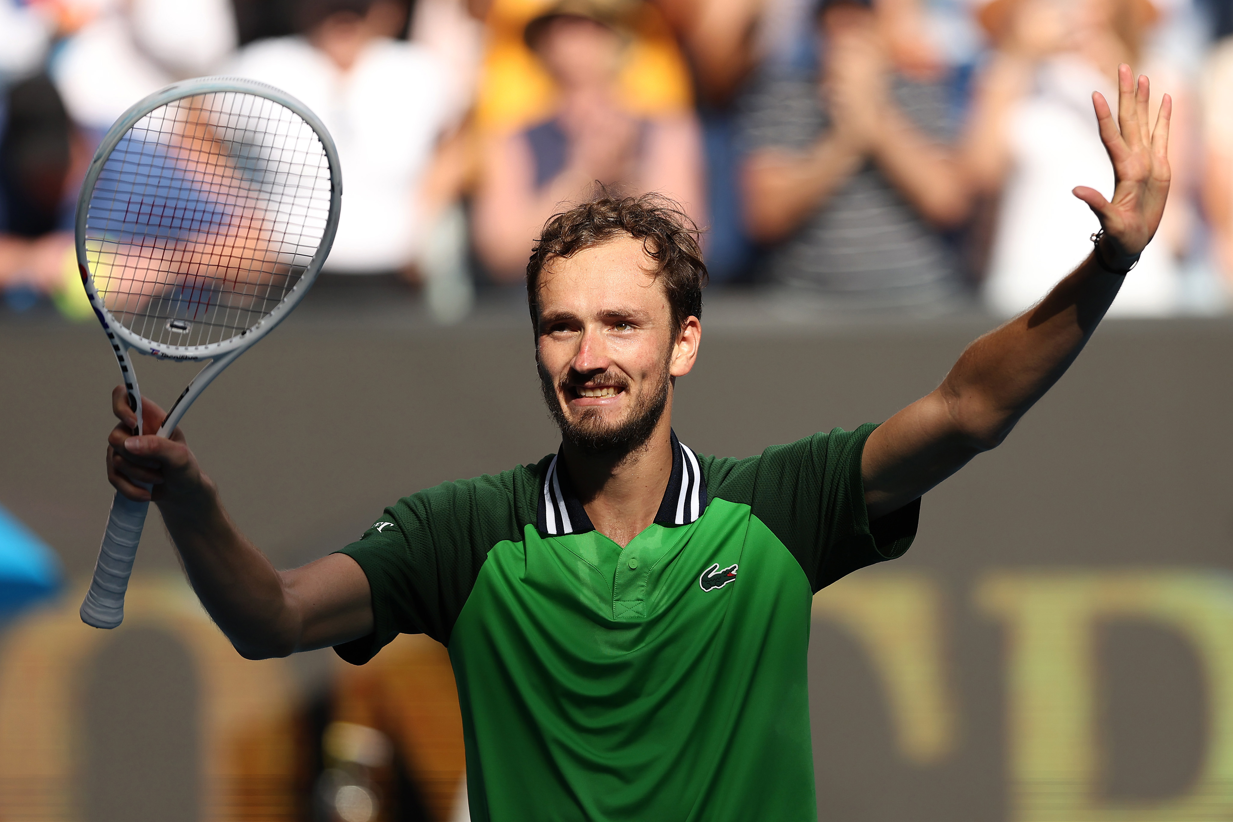 MELBOURNE, AUSTRALIA - JANUARY 24: Daniil Medvedev celebrates winning match point during their quarterfinals singles match against Hubert Hurkacz of Poland during the 2024 Australian Open at Melbourne Park on January 24, 2024 in Melbourne, Australia. (Photo by Phil Walter/Getty Images)