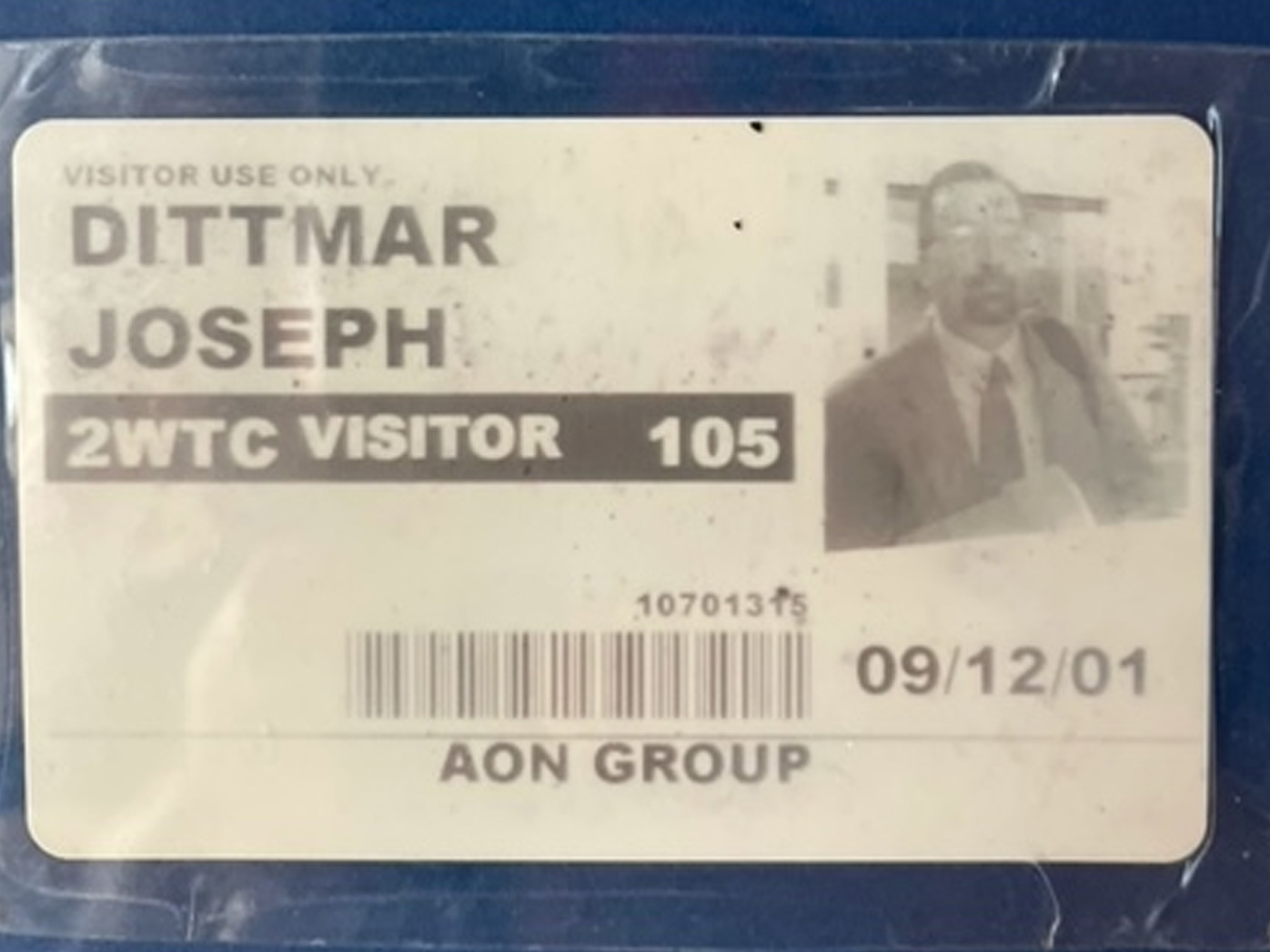 Joe Dittmar's pass to enter the World Trade Center on September 11, a day when nearly 3000 people were killed in a devastating terror attack.