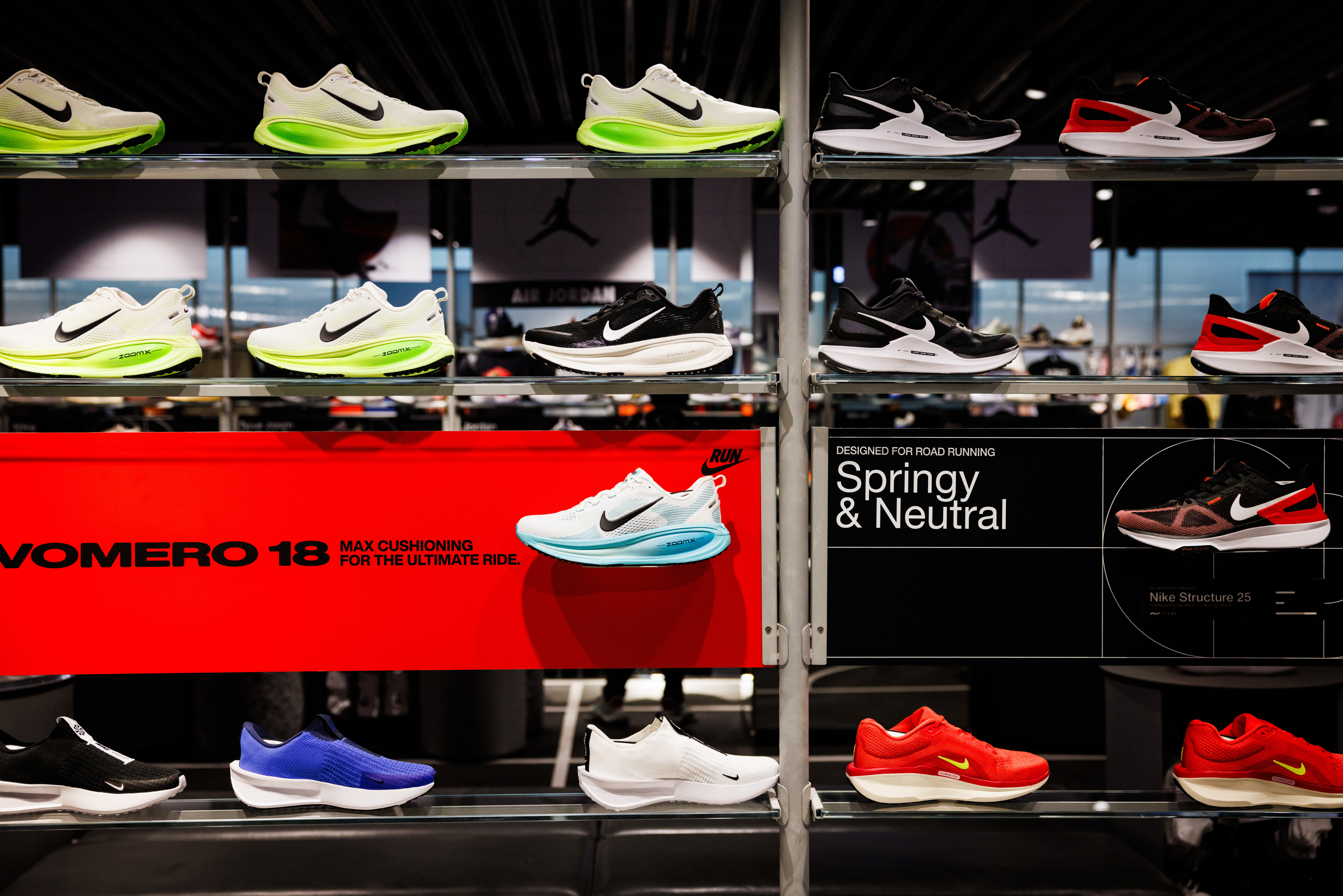 Nike shoes on display at the Nike store at Central World mall on April 04, 2025 in Bangkok, Thailand.