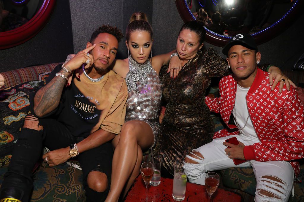 Lewis Hamilton, Rita Ora, Guest and Neymar attends the Miu Miu LOVE party  at Loulou's on September 18, 2017 in London, England. 