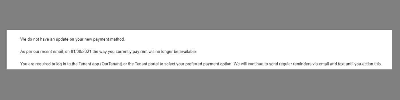 Part of an email sent to Warren from LJ Hooker, telling him he needs to set up the OurTenant app.