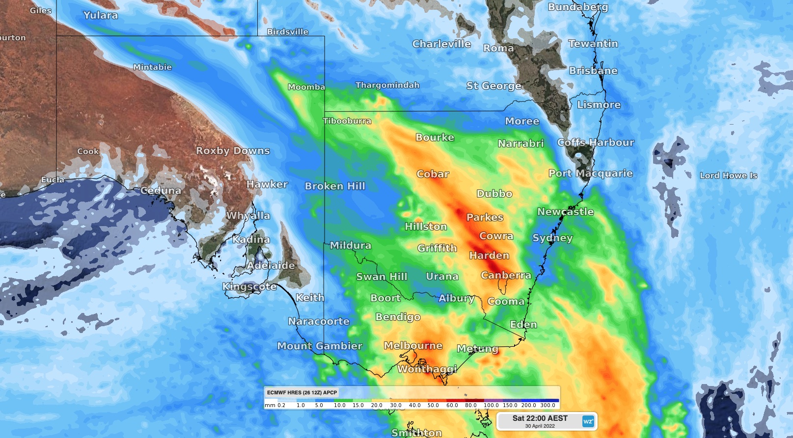  Forecast accumulated rain during the 24 hours ending at 10pm AEST on Saturday, April 30, according to the ECMWF-HRES model. 