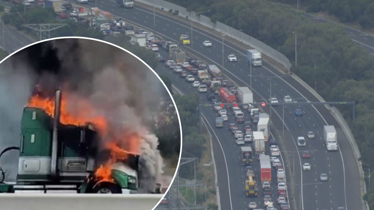 Driver's lucky escape after truck cabin bursts into flames on major freeway