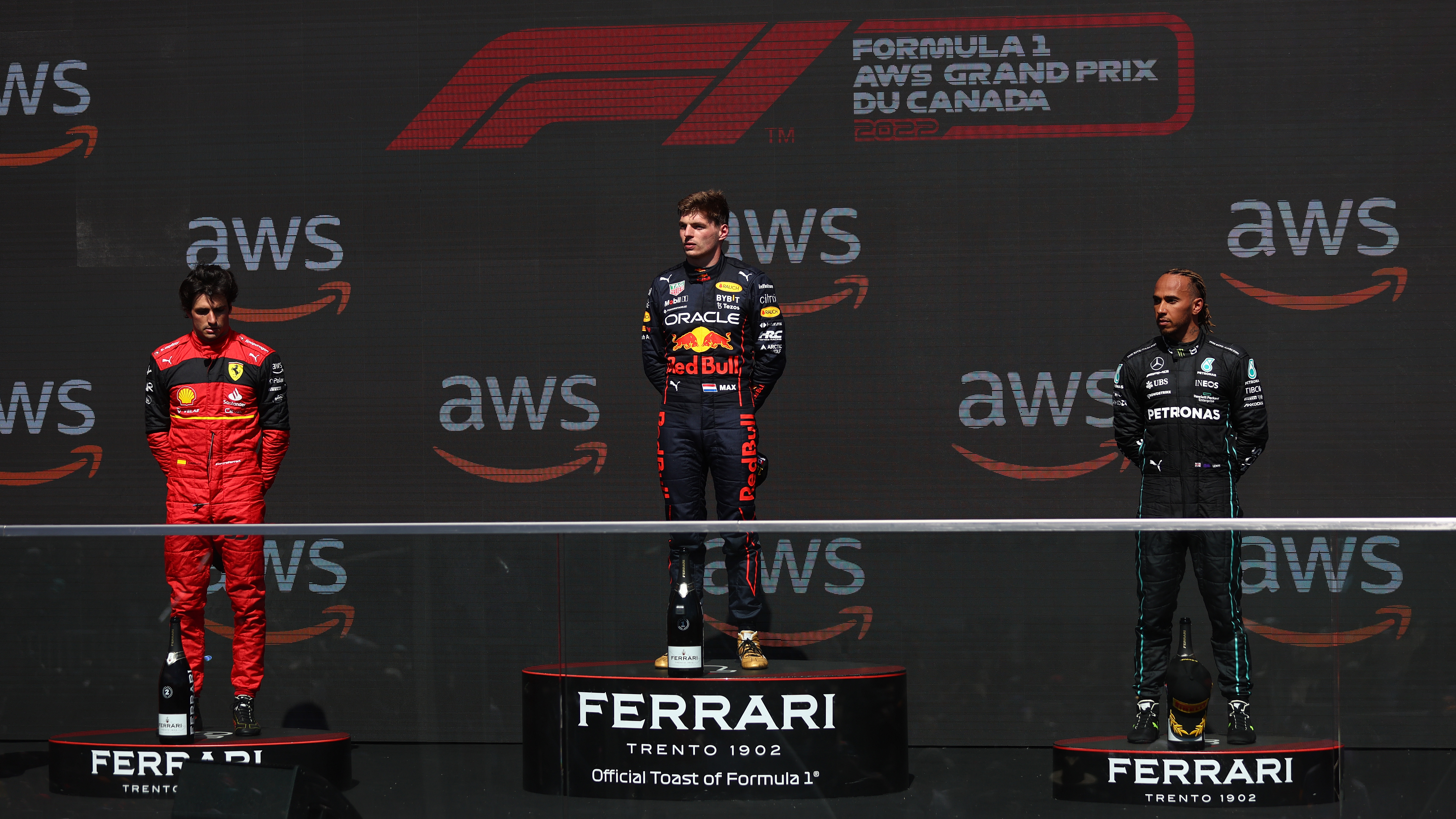 Race winner Max Verstappen second placed Carlos Sainz and third placed Lewis Hamilton make up the Canadian Grand Prix podium.