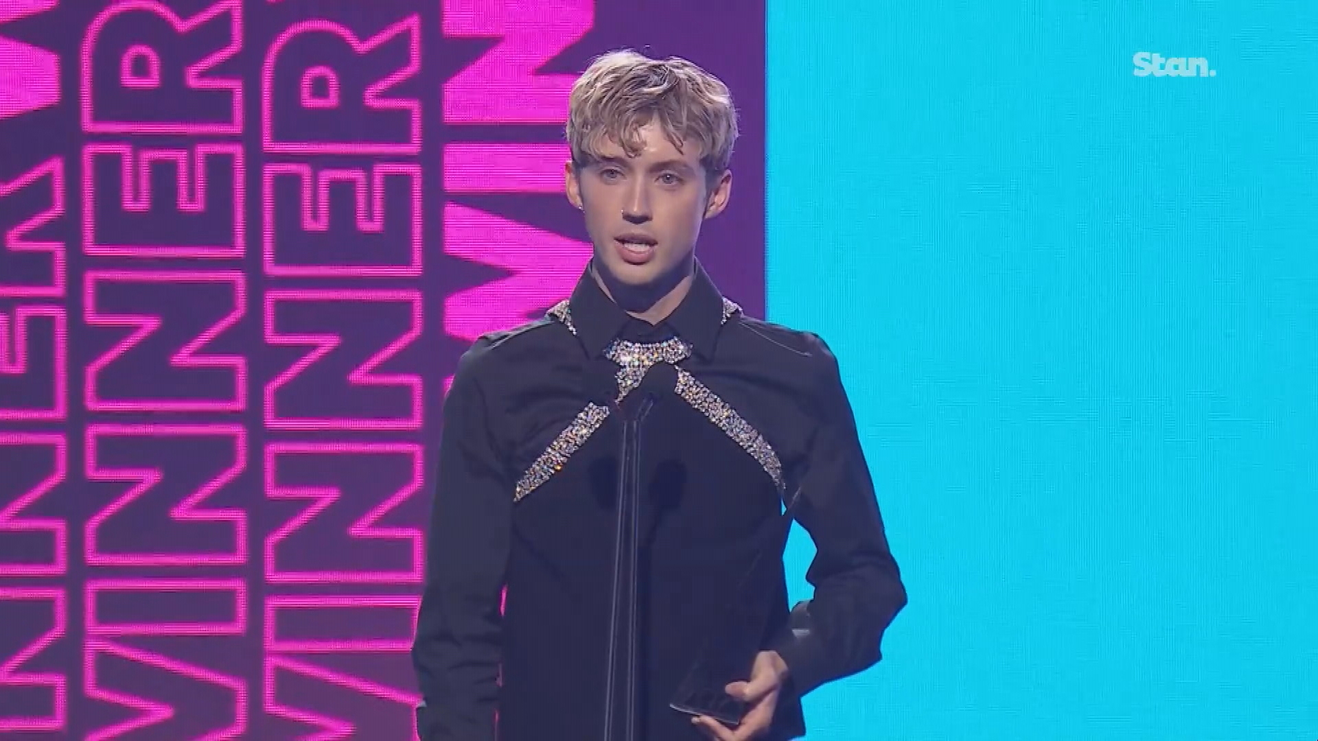 Troye Sivan delivers a speech after winning ARIA Award for Bet Pop Release 2024