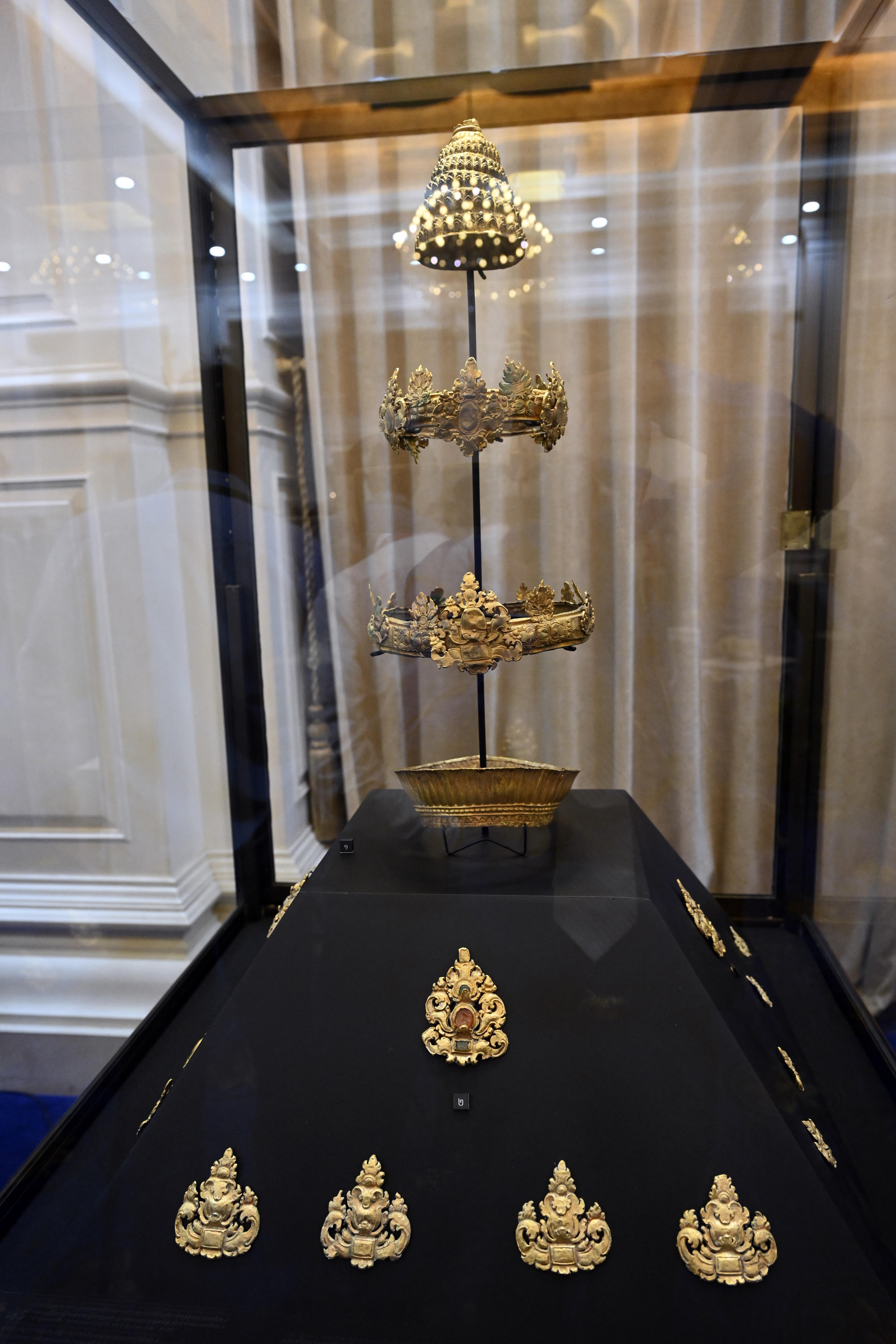 Jewelleries are displayed during a handing over ceremony at Peace Palace, in Phnom Penh, Cambodia, Friday, March 17, 2023.