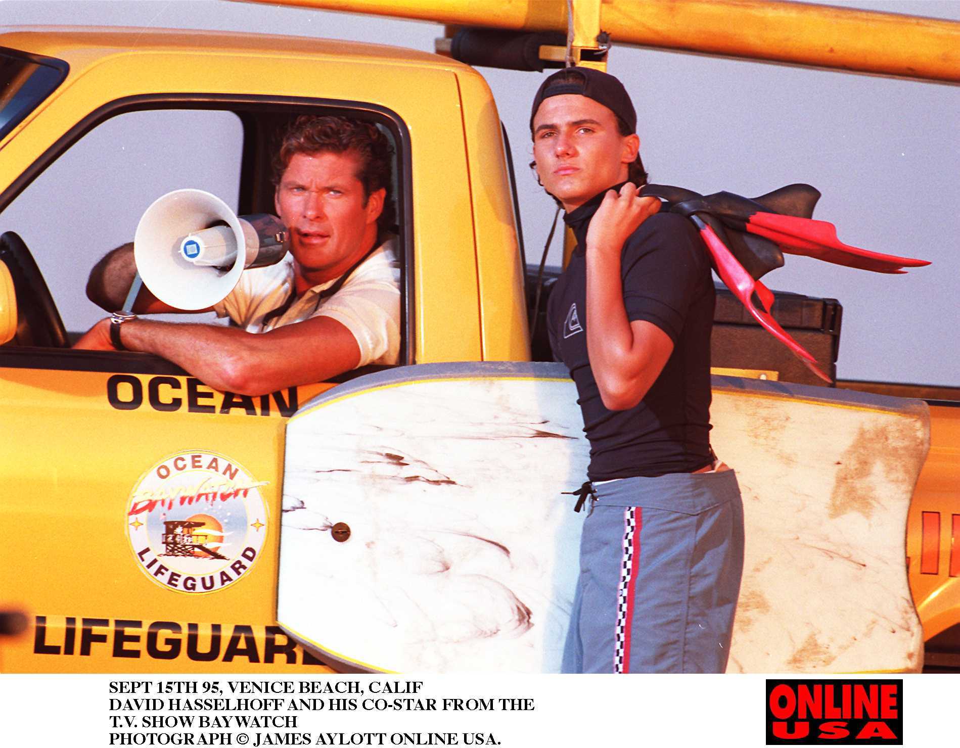 David Hasselhoff and Jeremy Jackson on the set of Baywatch, 1995
