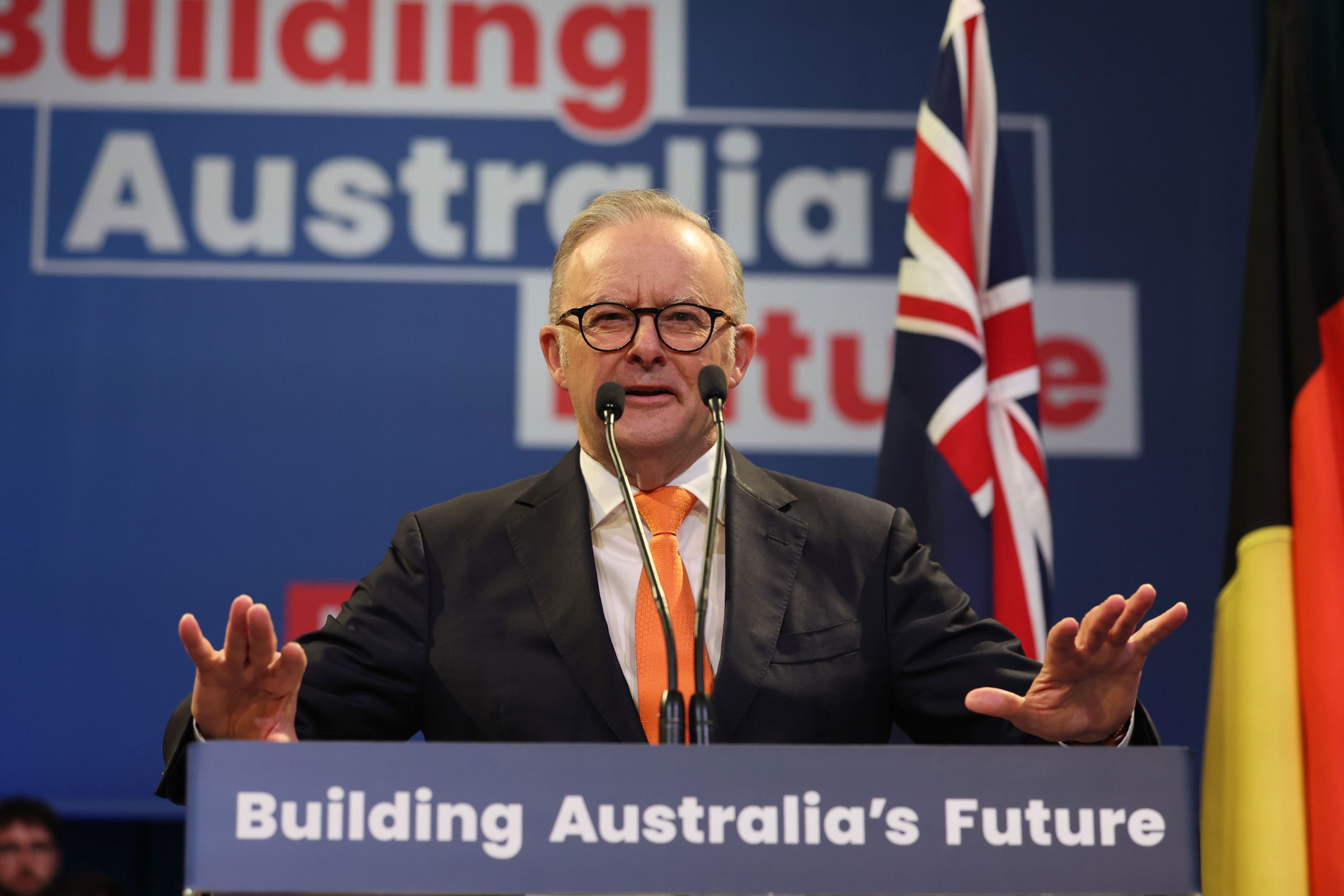Prime Minister Anthony Albanese during the Building Australia's Future rally at the Parramatta Town Hall, in Parramatta, NSW, on Sunday 27 April 2025, during the 2025 federal election campaign. fedpol Photo: Alex Ellinghausen 