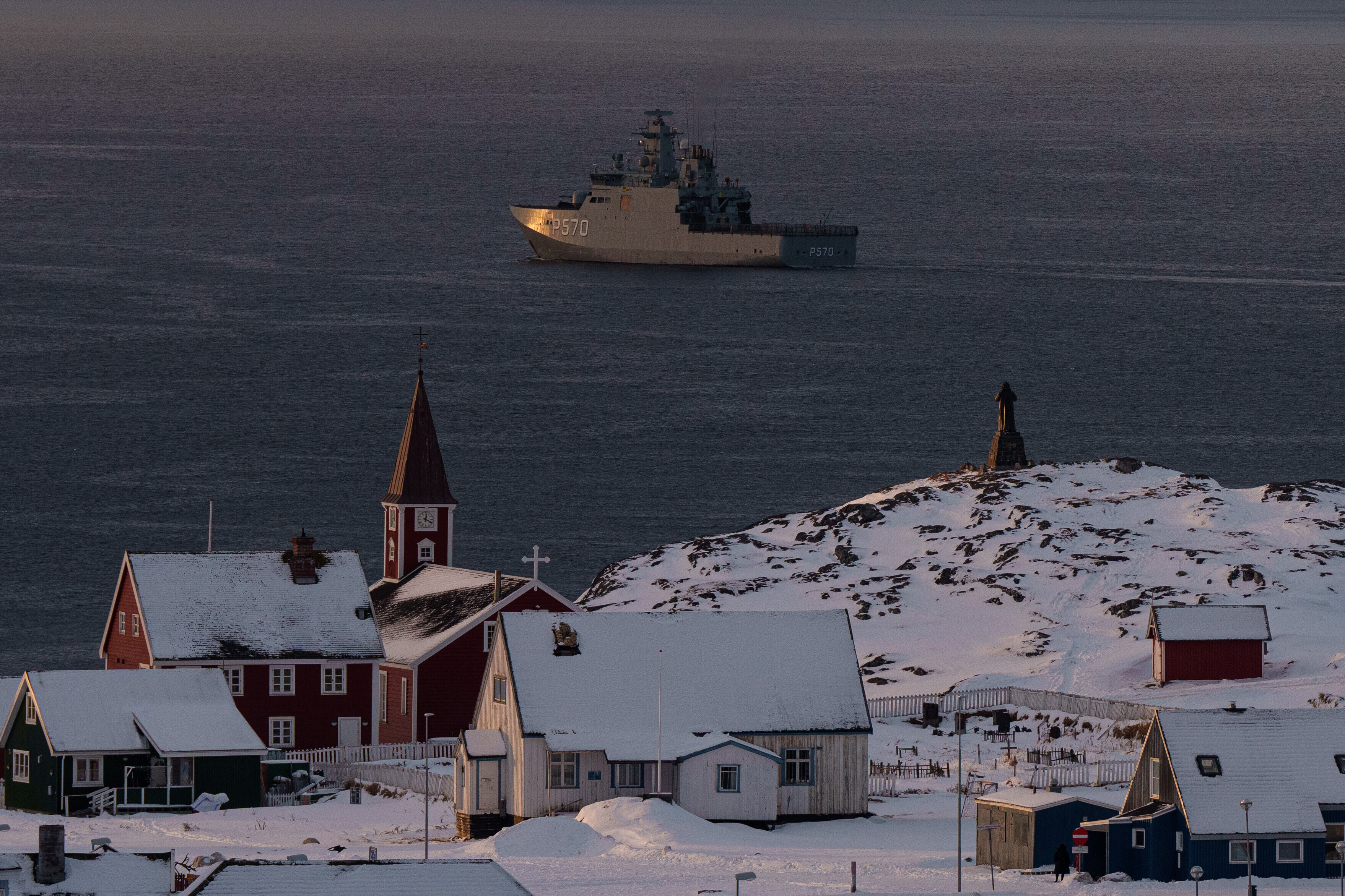 Military vessel HDMS Knud Rasmussen of the Royal Danish Navy patrols near Nuuk, Greenland, on Thursday, Jan. 15, 2026.