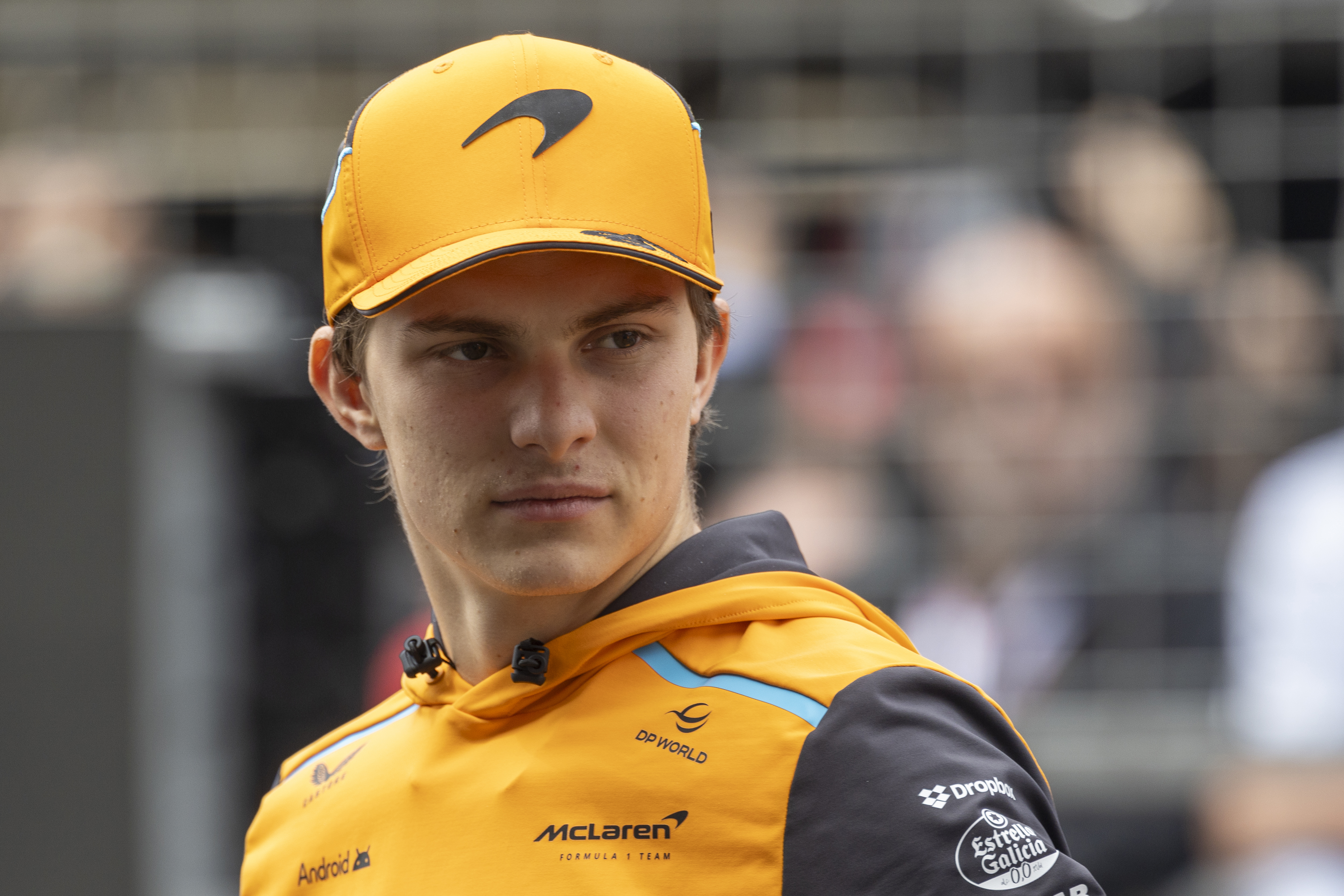 Oscar Piastri of Australia and McLaren reacts  from the drivers parade prior to the F1 Grand Prix of China at Shanghai International Circuit on April 21, 2024 in Shanghai, China.(Photo by Edmund So/Eurasia Sport Images/Getty Images)