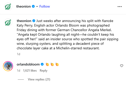 Orlando Bloom reacts to The Onion post