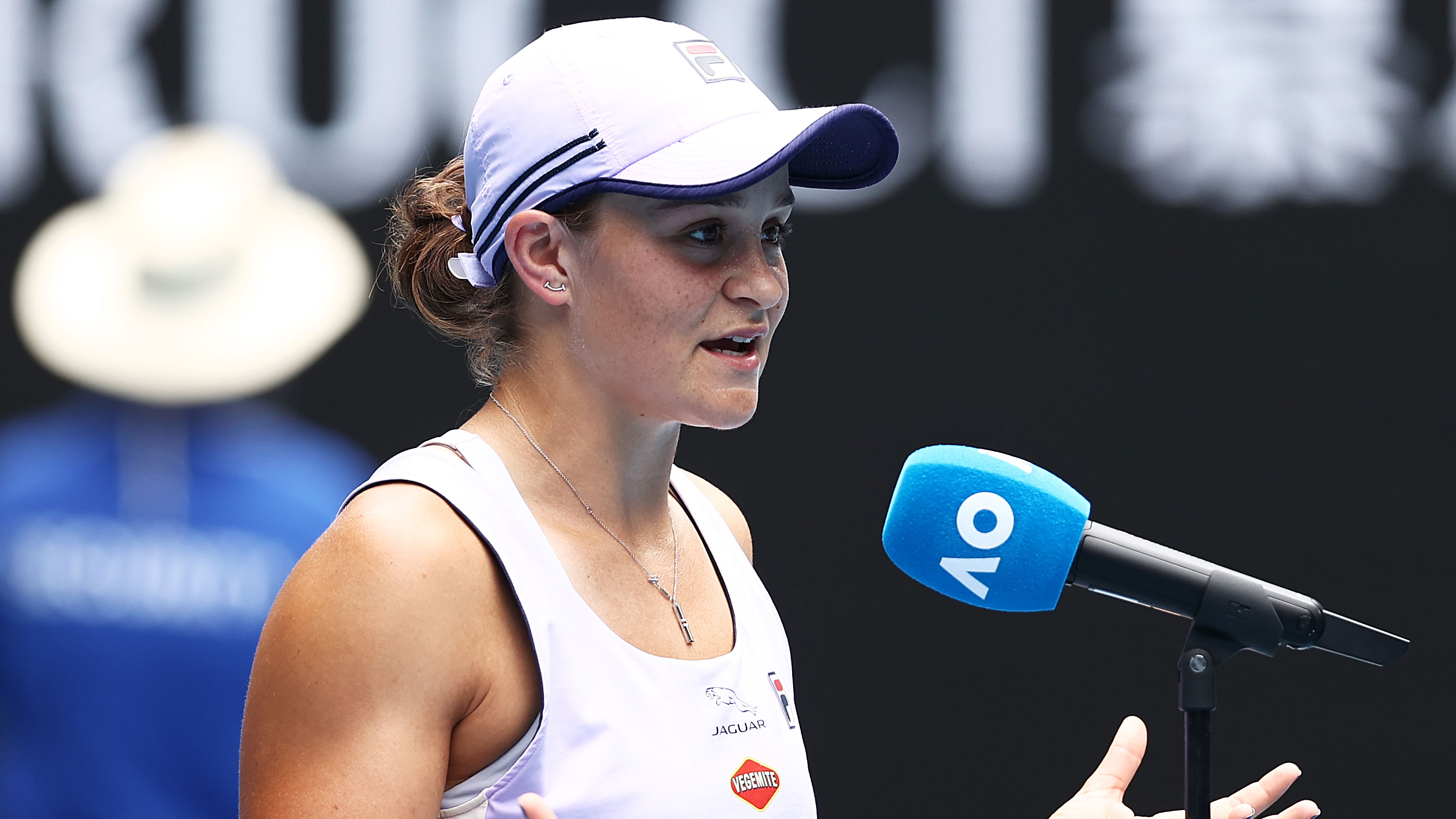 Ash Barty makes a joke with the crowd after her second round win over Daria Gavrilova.