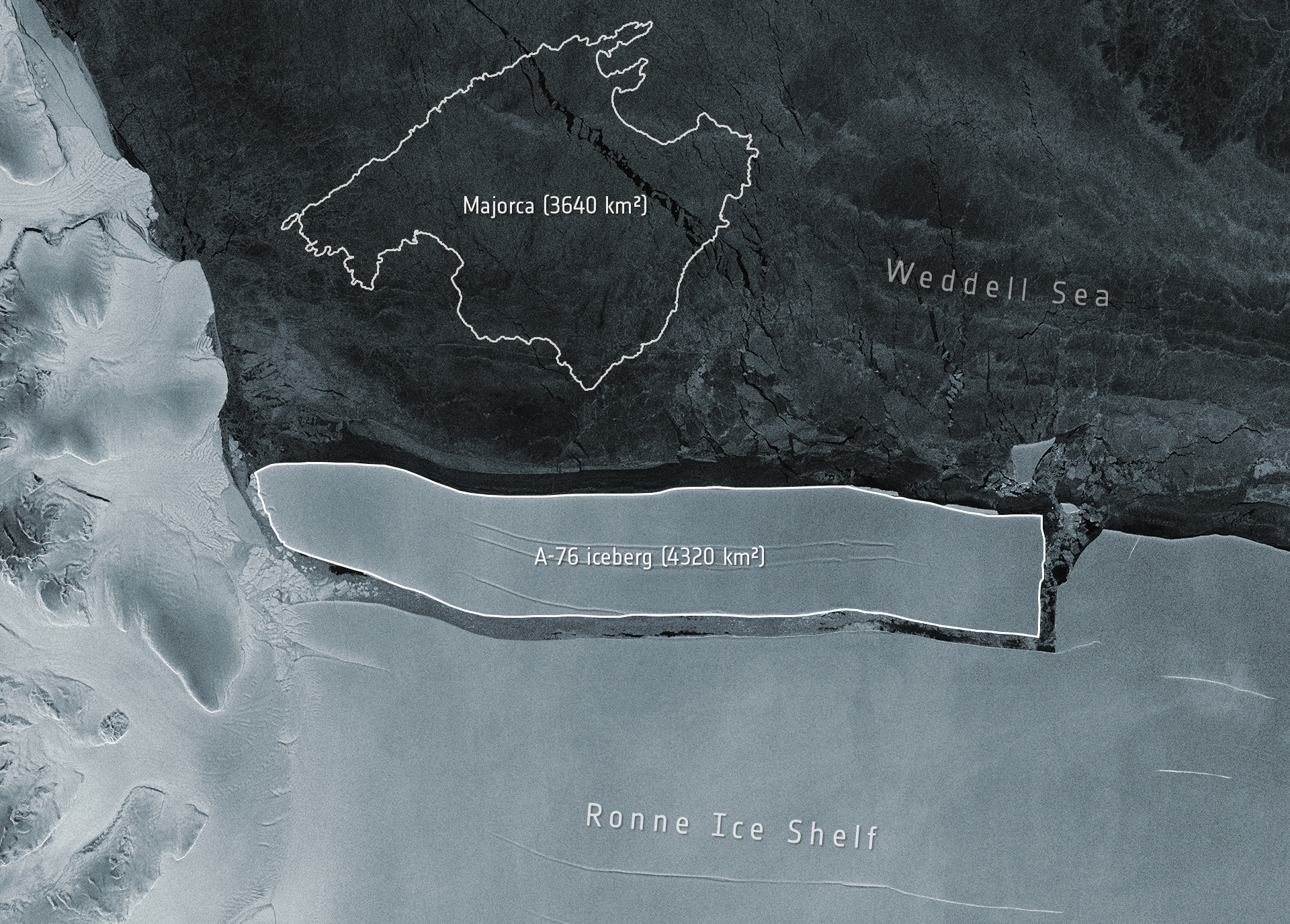 An enormous iceberg has calved from the western side of the Ronne Ice Shelf, lying in the Weddell Sea, in Antarctica.