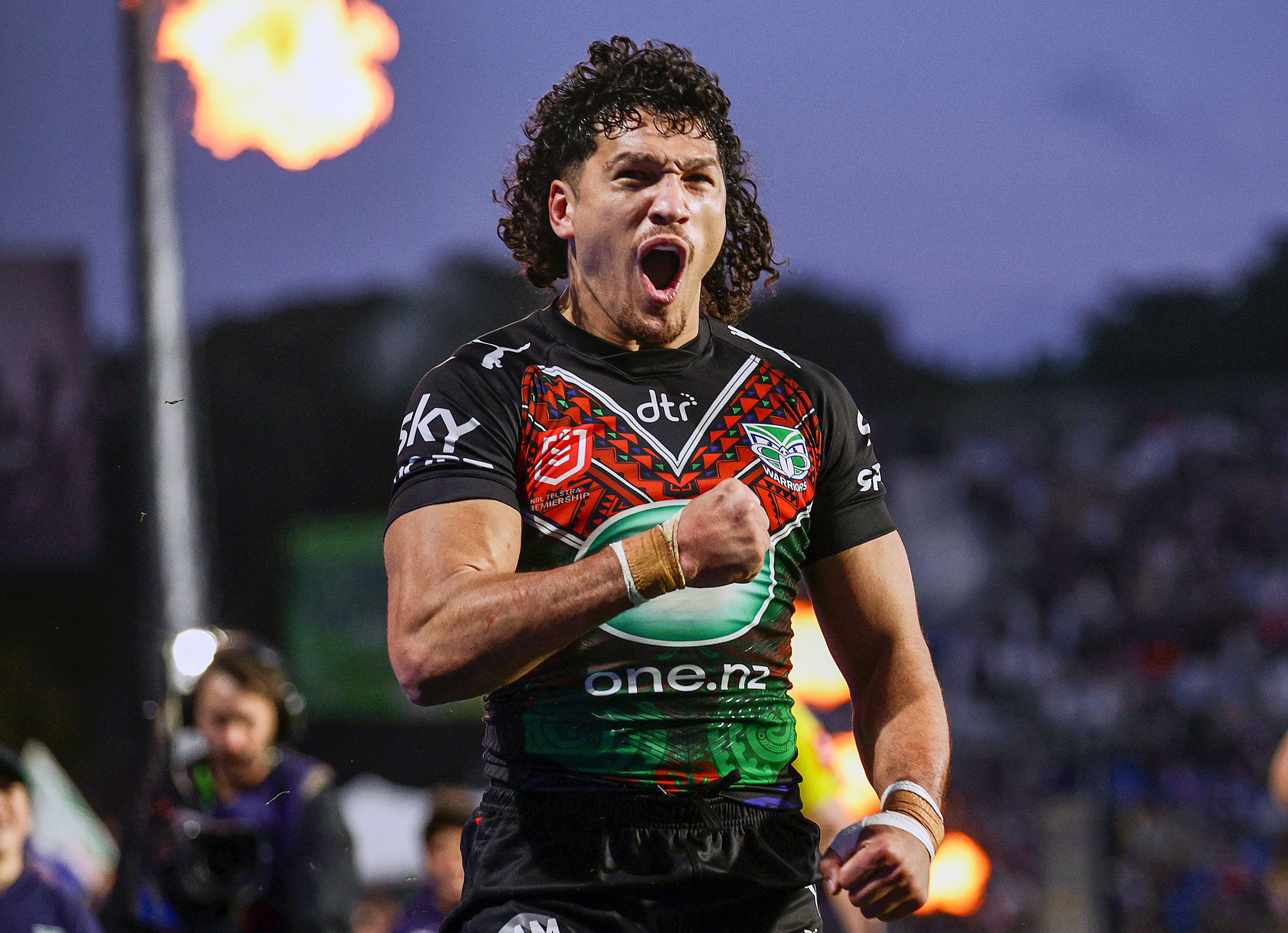 AUCKLAND, NEW ZEALAND - JULY 16: Dallin Watene-Zelezniak of the Warriors celebrates his try during the round 20 NRL match between the New Zealand Warriors and the Cronulla Sharks at Mt Smart Stadium on July 16, 2023 in Auckland, New Zealand. (Photo by Dave Rowland/Getty Images)