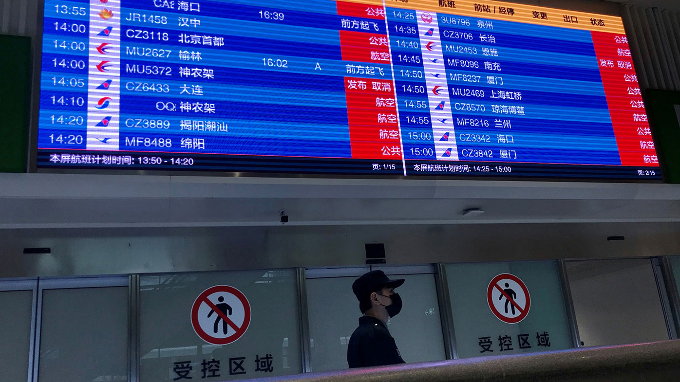 Screen shows mostly cancelled flights at Tianhe airport in Wuhan, China on January 23, 2020. 