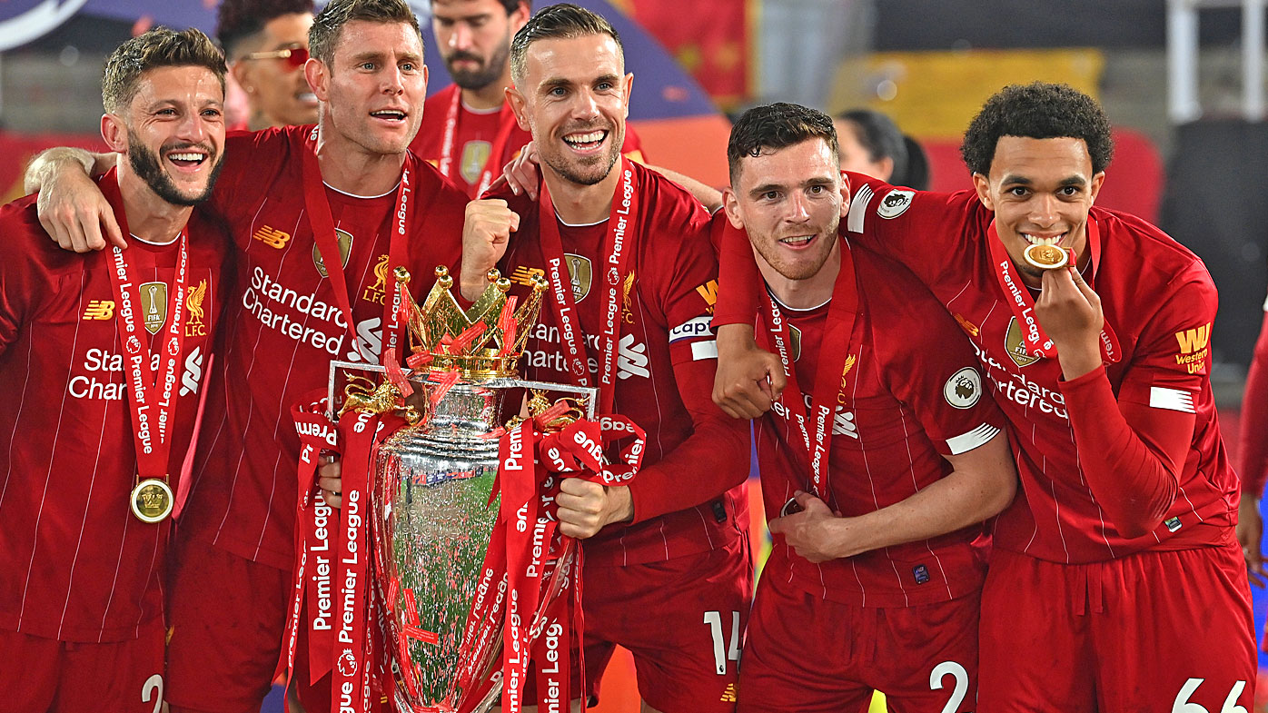 Adam Lallana, James Milner, Jordan Henderson, Andy Robertson and Trent Alexander-Arnold of Liverpool 