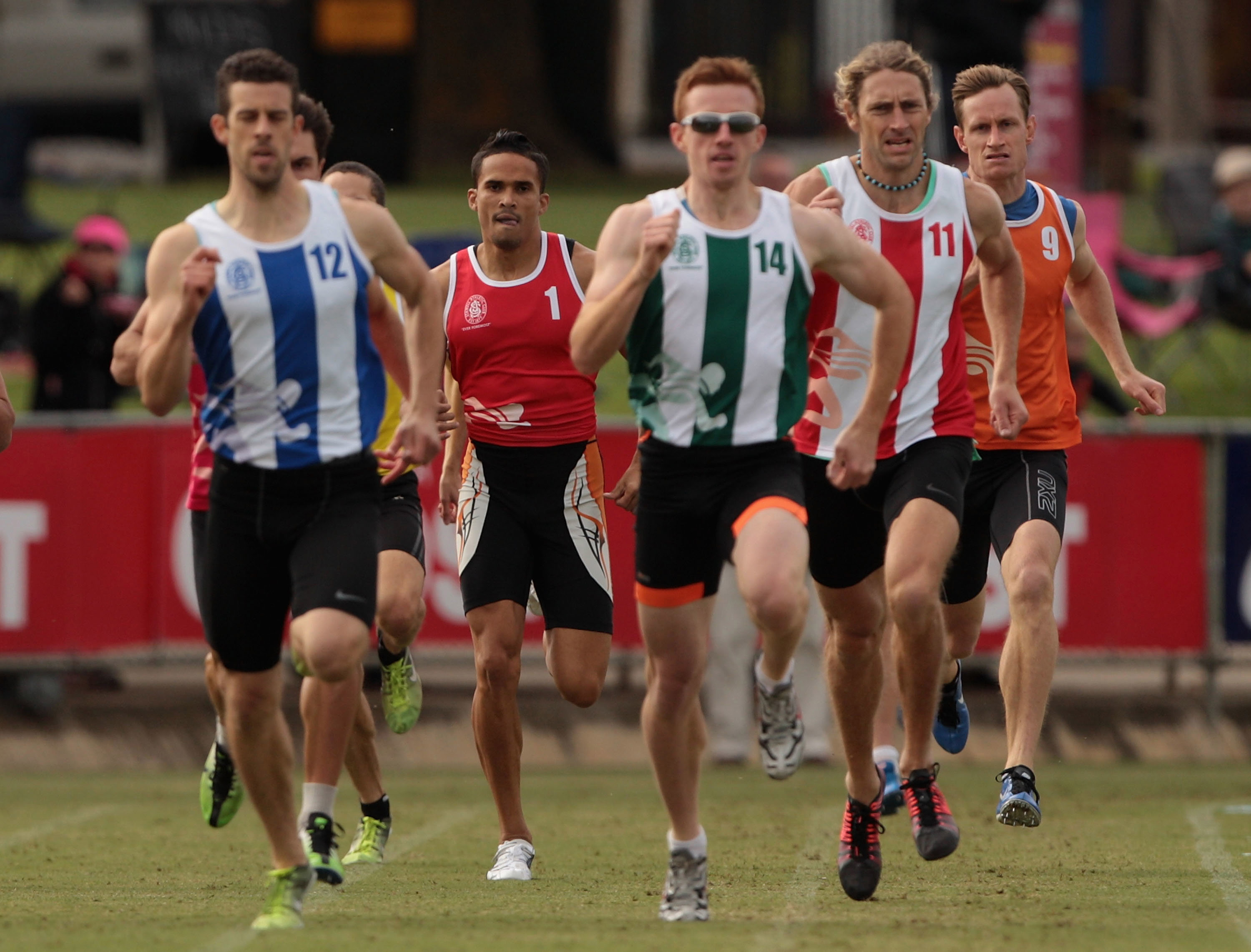 John Steffensen (1) racing the 550m at the 2014 Stawell Gift.