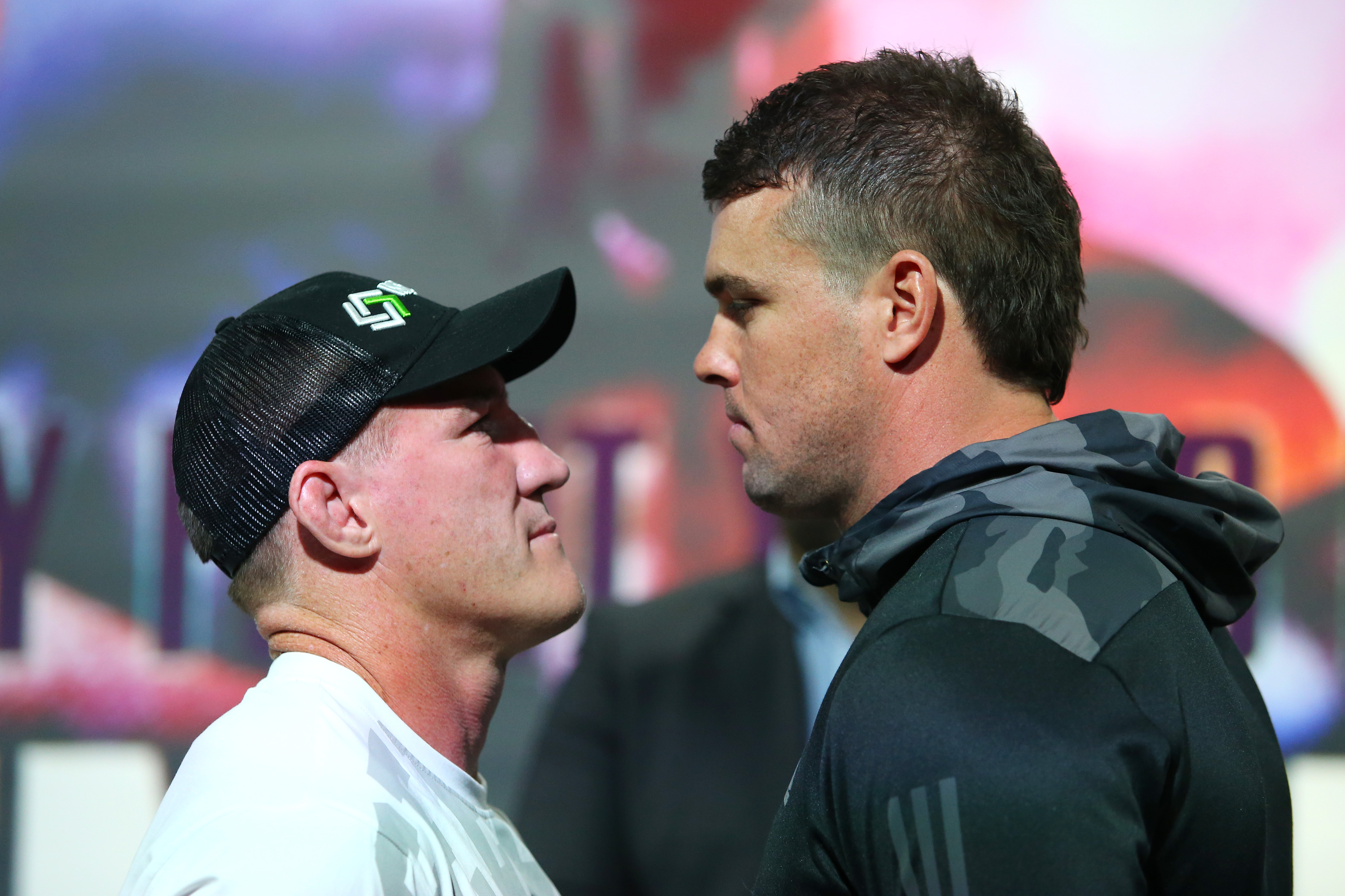 Paul Gallen and Darcy Lussick face off during a press conference ahead of their fight on December 22.