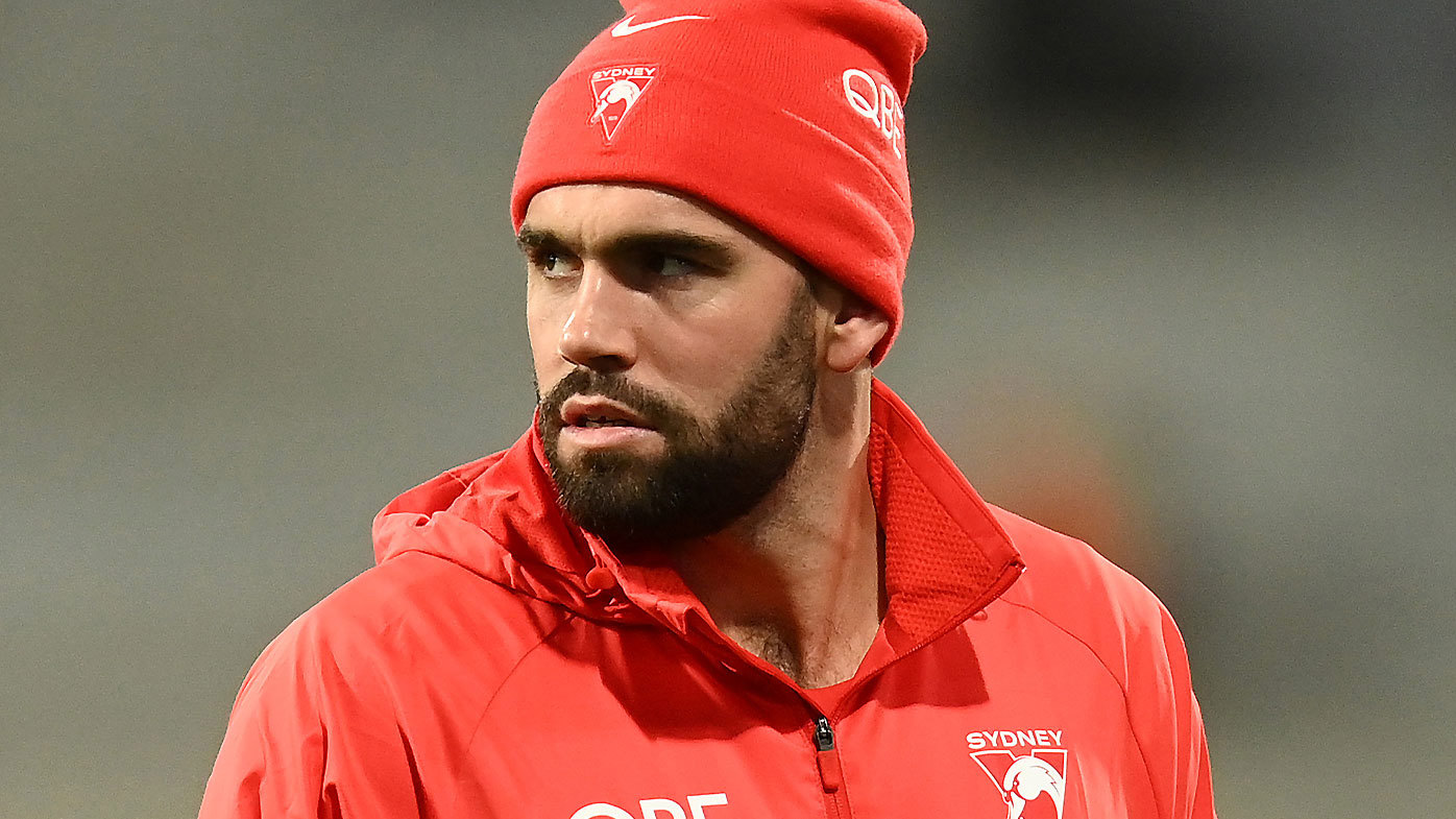 GEELONG, AUSTRALIA - APRIL 22: Paddy McCartin of the Swans looks on during the round six AFL match between Geelong Cats and Sydney Swans at GMHBA Stadium, on April 22, 2023, in Geelong, Australia. (Photo by Quinn Rooney/Getty Images)