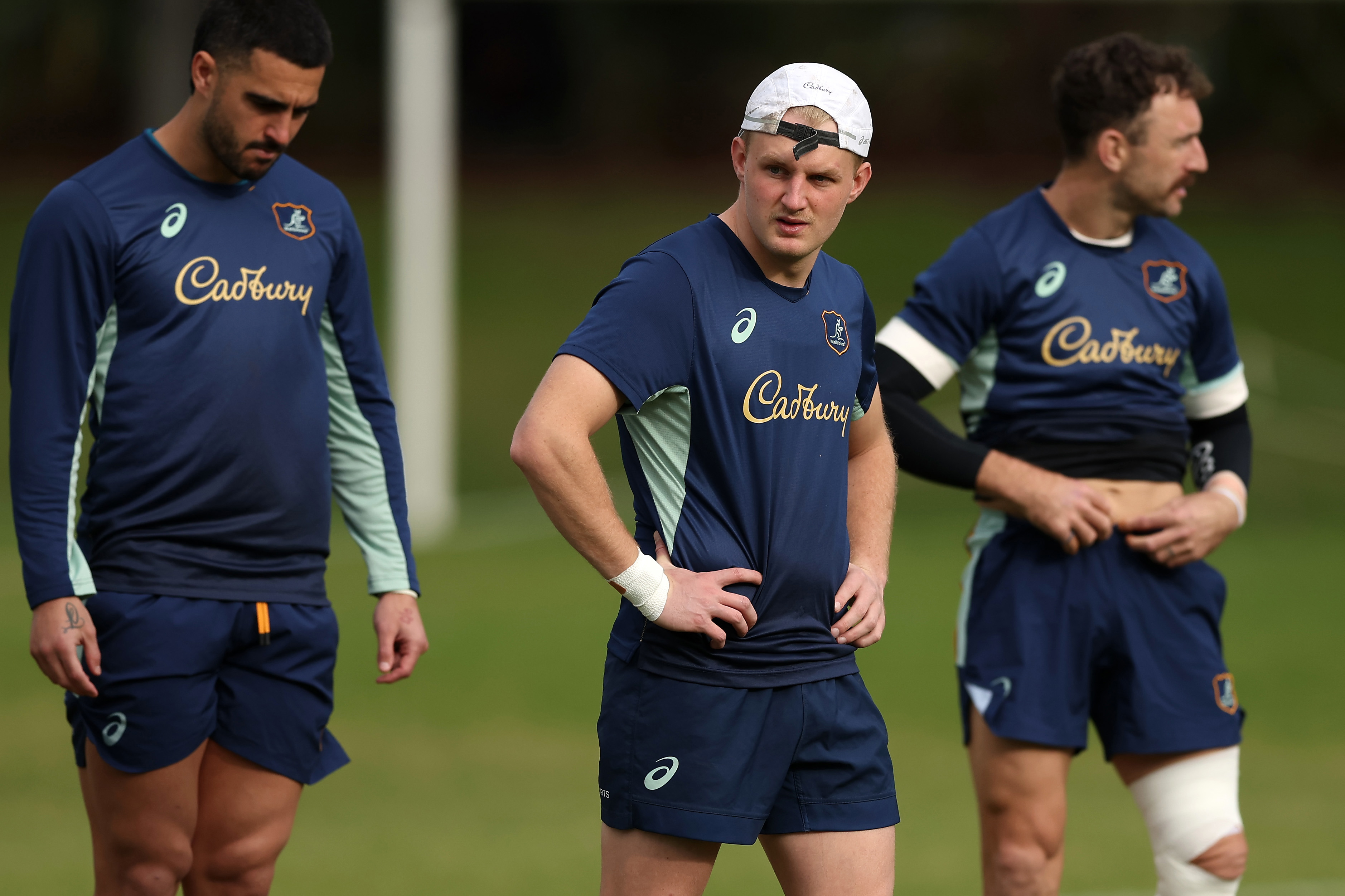 Tom Lynagh looks on during a Wallabies training session at David Phillips Sports Complex.