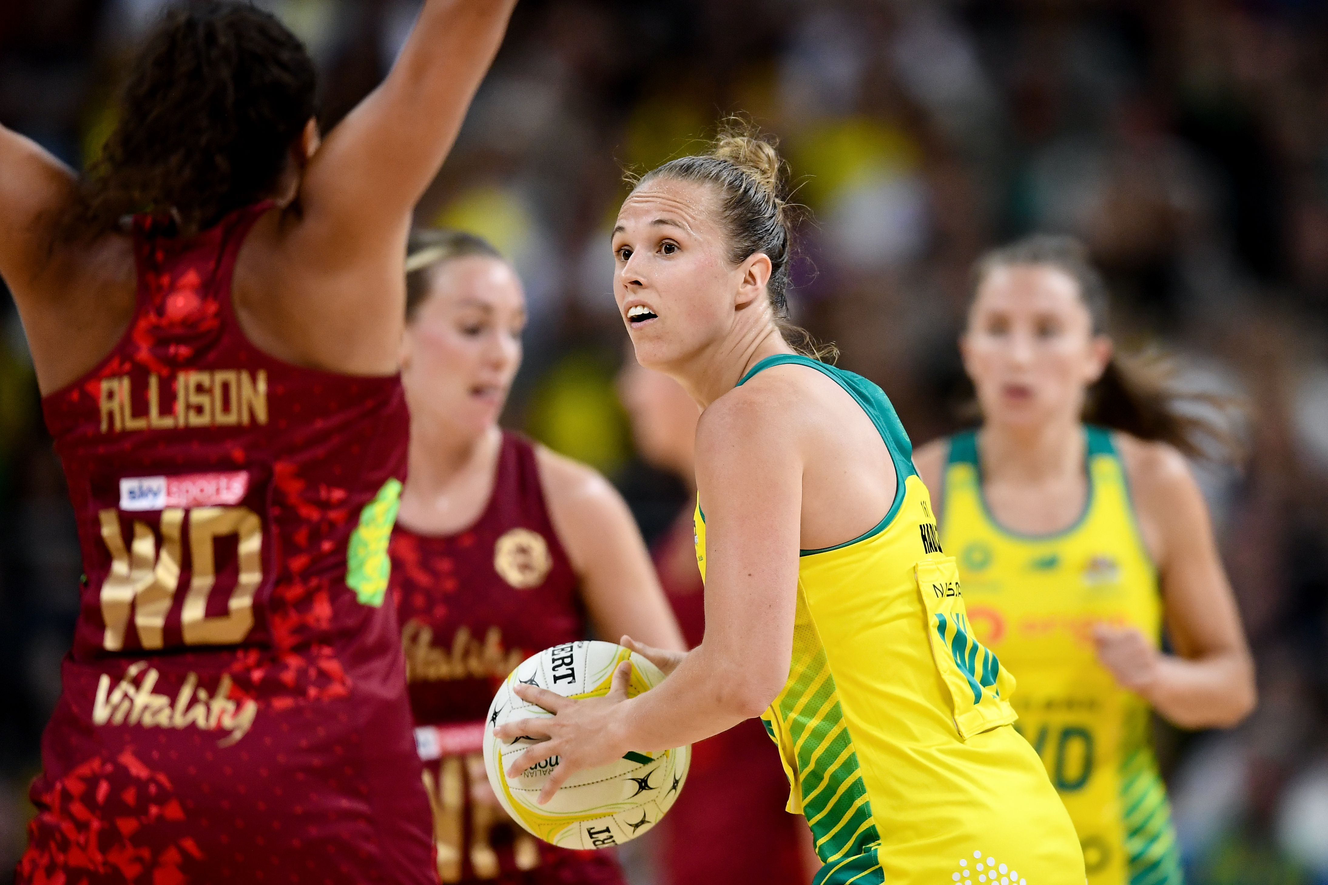 Paige Hadley of the Australia Diamonds looks to pass the ball during the Netball International match between Australia and England on October 30, 2022 at Qudos Bank Arena in Sydney, Australia. (Photo by Steven Markham/Speed Media/Icon Sportswire)