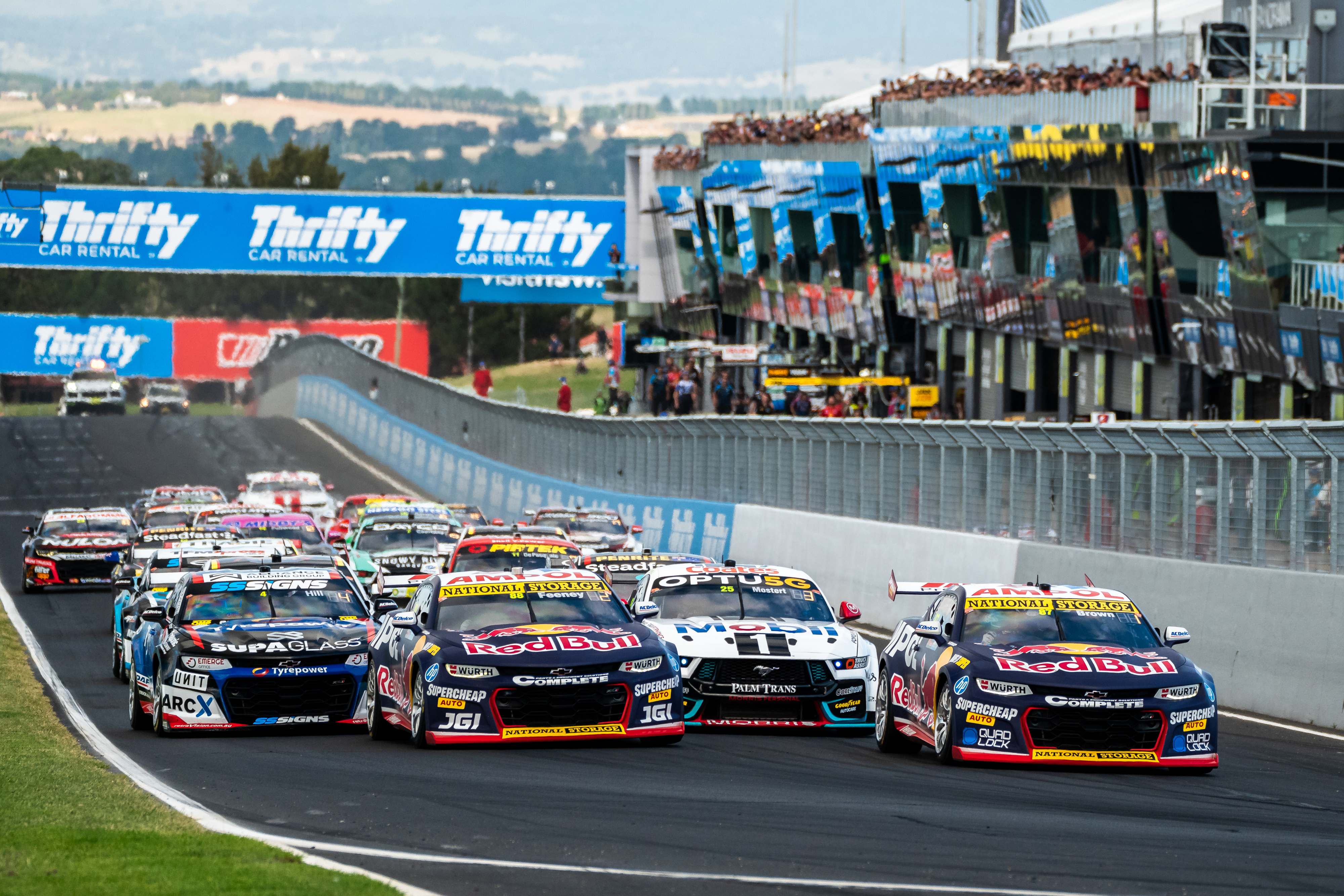 The start of the Supercars race at Mount Panorama.