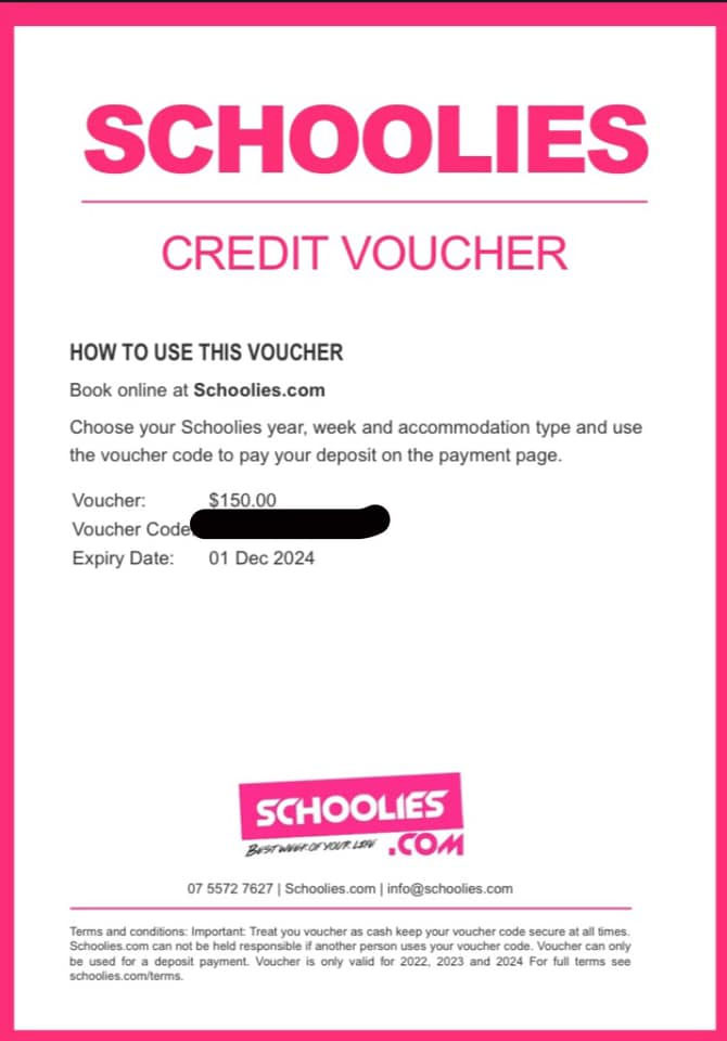 School leavers are taking to Facebook to try sell their Schoolies.com credit vouchers.