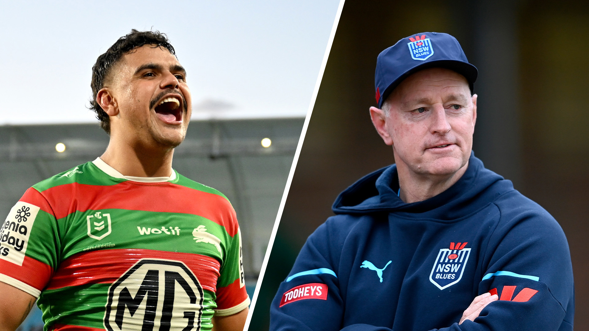 Latrell Mitchell and Blues coach Michael Maguire.